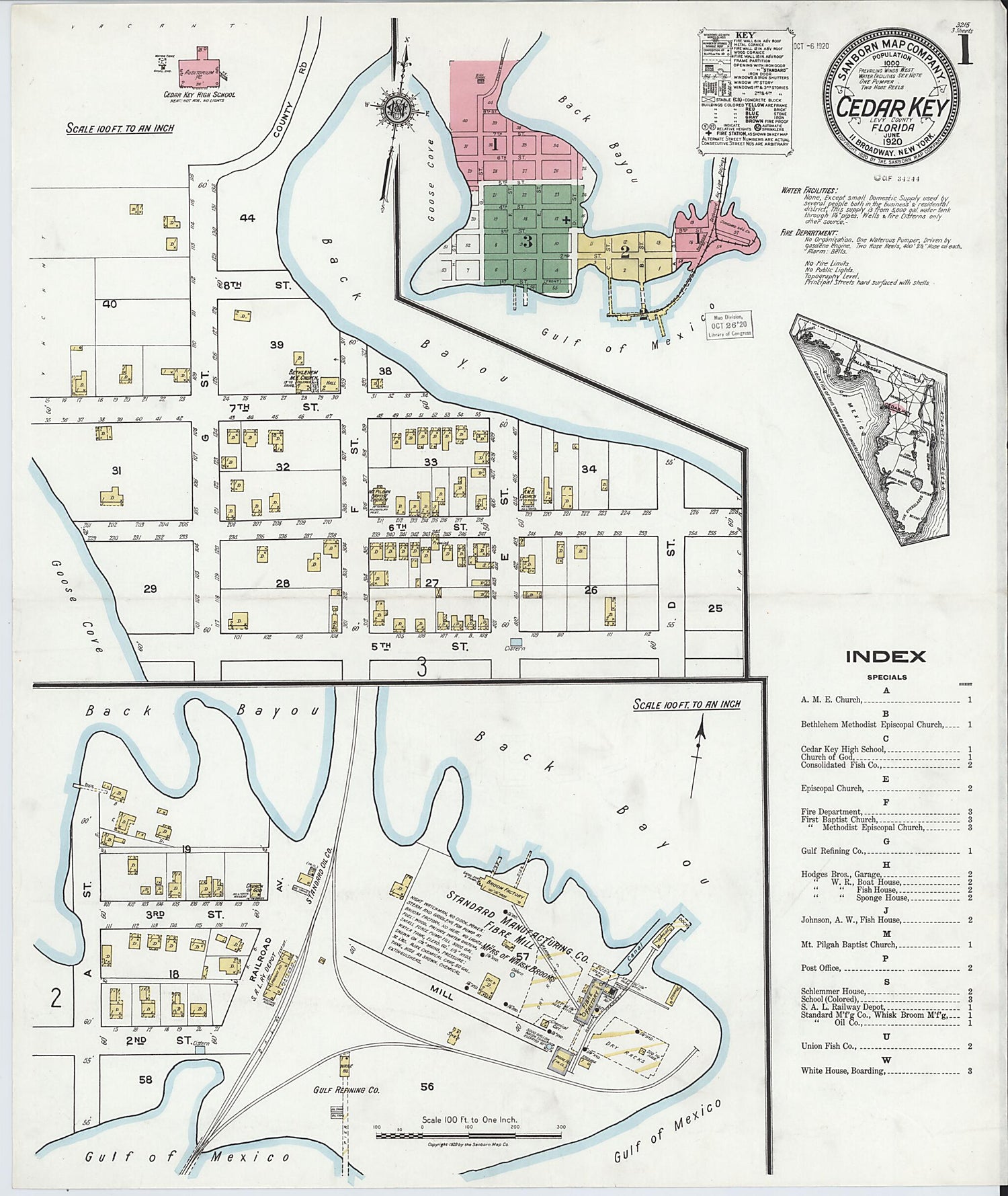 This old map of Cedar Key, Levy County, Florida was created by Sanborn Map Company in 1920