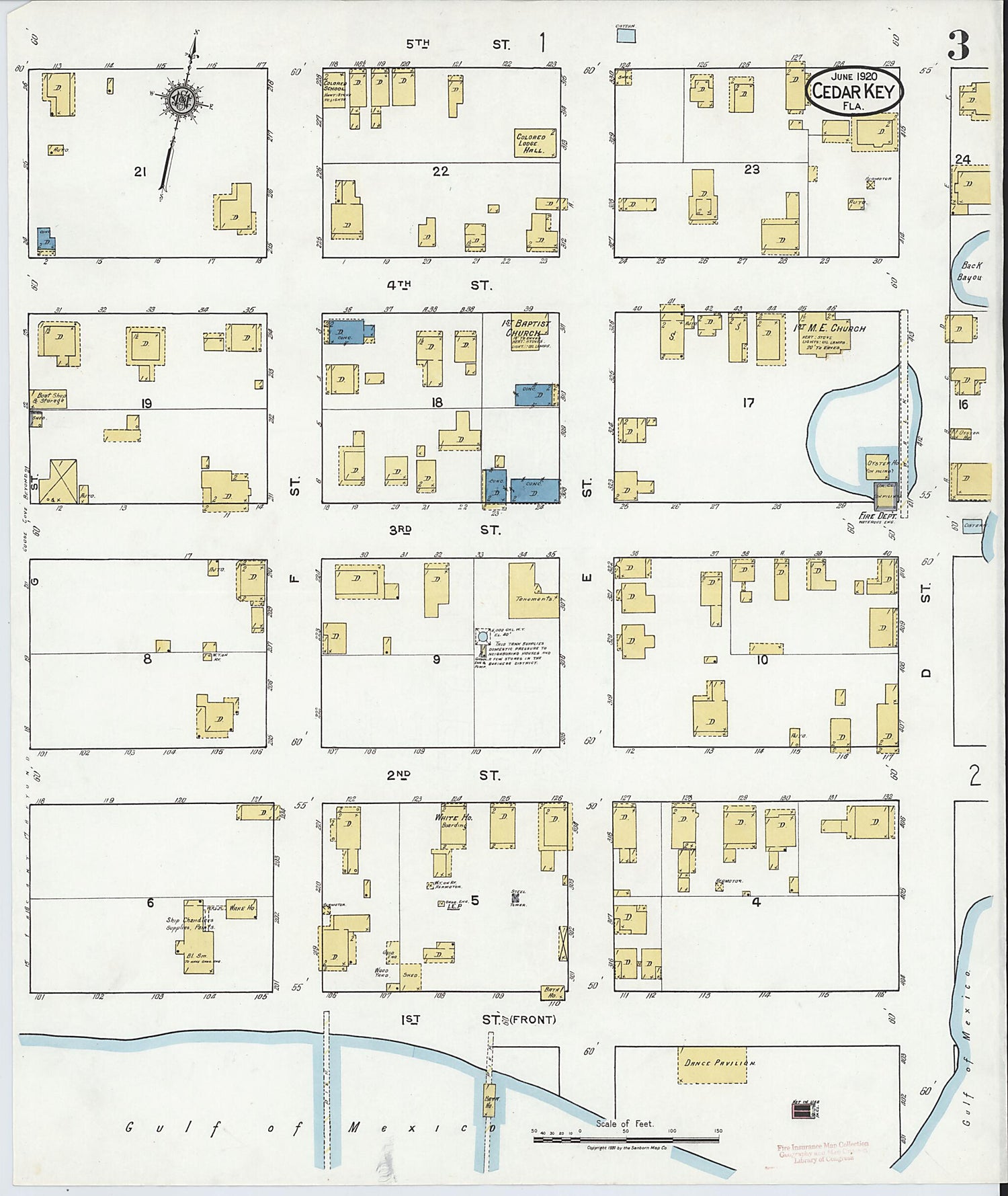 This old map of Cedar Key, Levy County, Florida was created by Sanborn Map Company in 1920