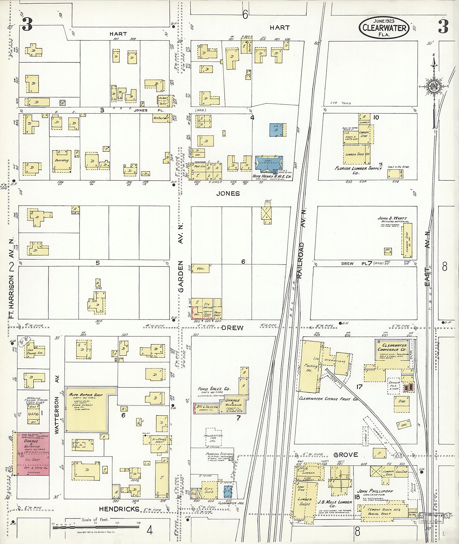 This old map of Clearwater, Pinellas County, Florida was created by Sanborn Map Company in 1923