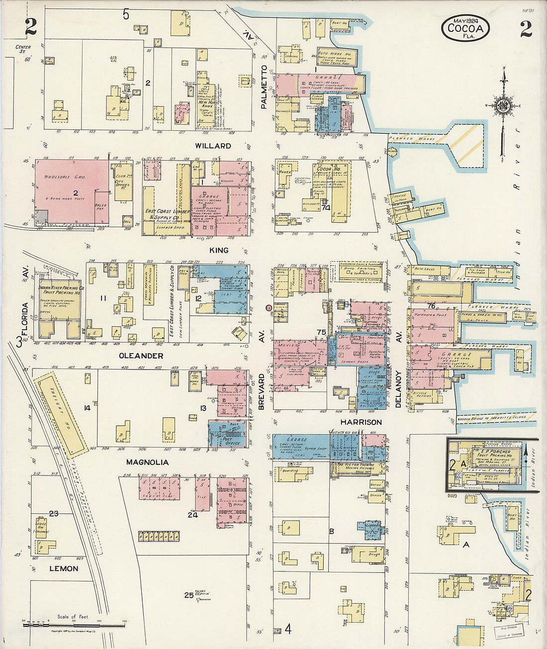 This old map of Rockledge, Brevard County, Florida was created by Sanborn Map Company in 1924