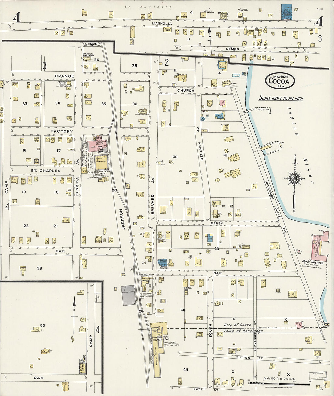 This old map of Rockledge, Brevard County, Florida was created by Sanborn Map Company in 1924