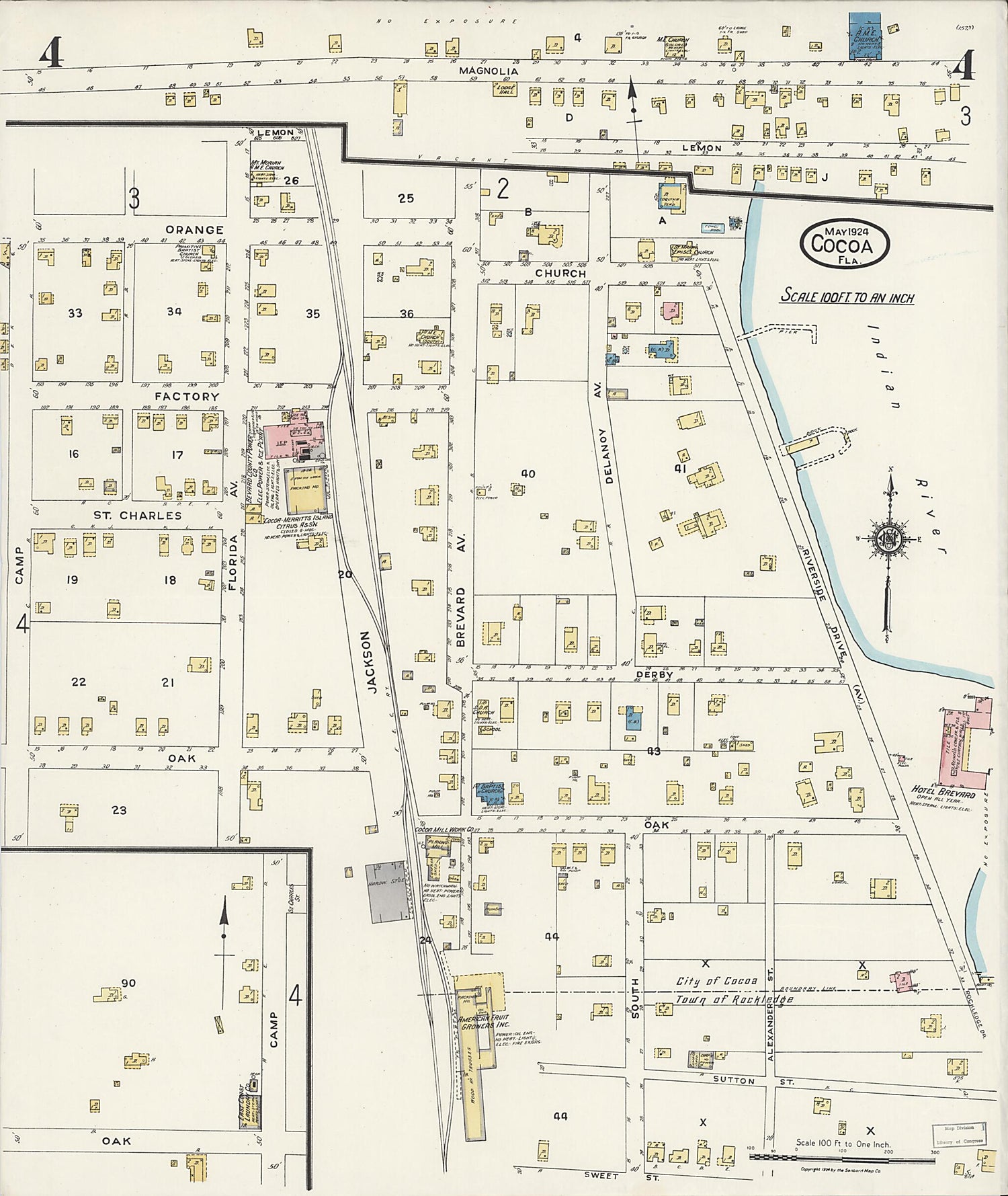 This old map of Rockledge, Brevard County, Florida was created by Sanborn Map Company in 1924