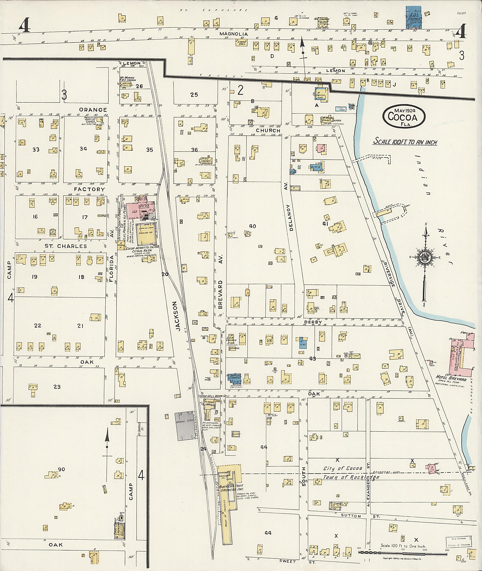 This old map of Rockledge, Brevard County, Florida was created by Sanborn Map Company in 1924