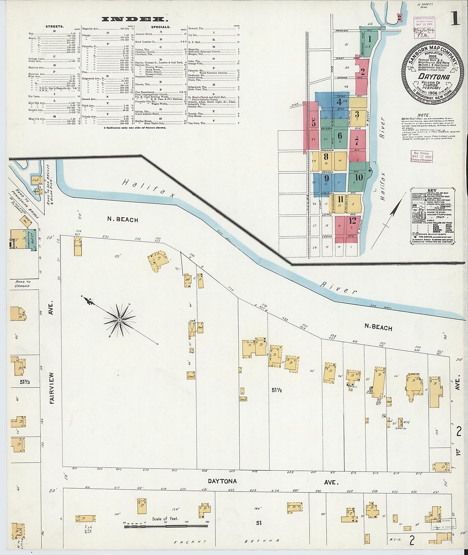 This old map of Daytona, Volusia County, Florida was created by Sanborn Map Company in 1906