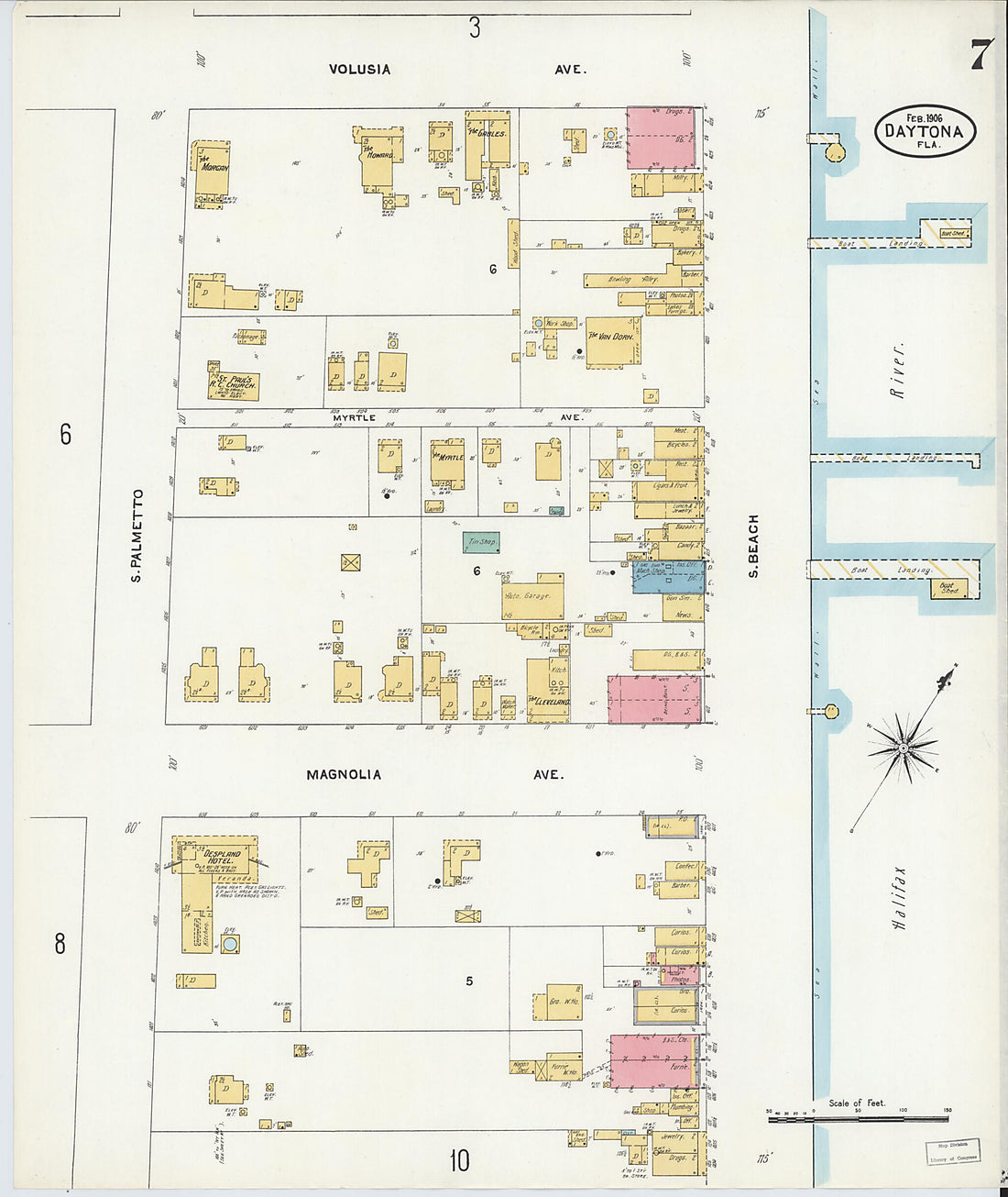This old map of Daytona, Volusia County, Florida was created by Sanborn Map Company in 1906