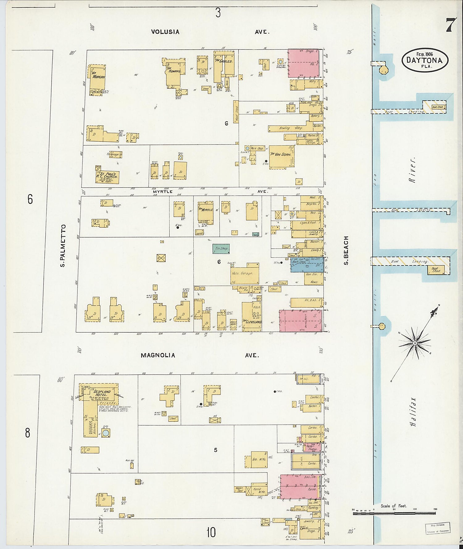 This old map of Daytona, Volusia County, Florida was created by Sanborn Map Company in 1906