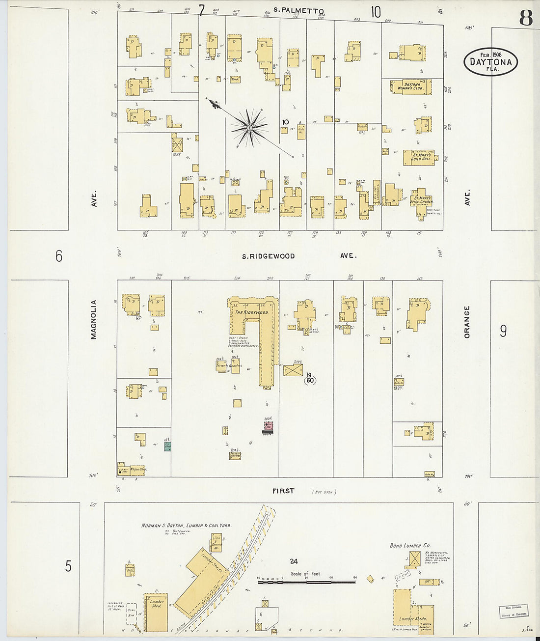 This old map of Daytona, Volusia County, Florida was created by Sanborn Map Company in 1906