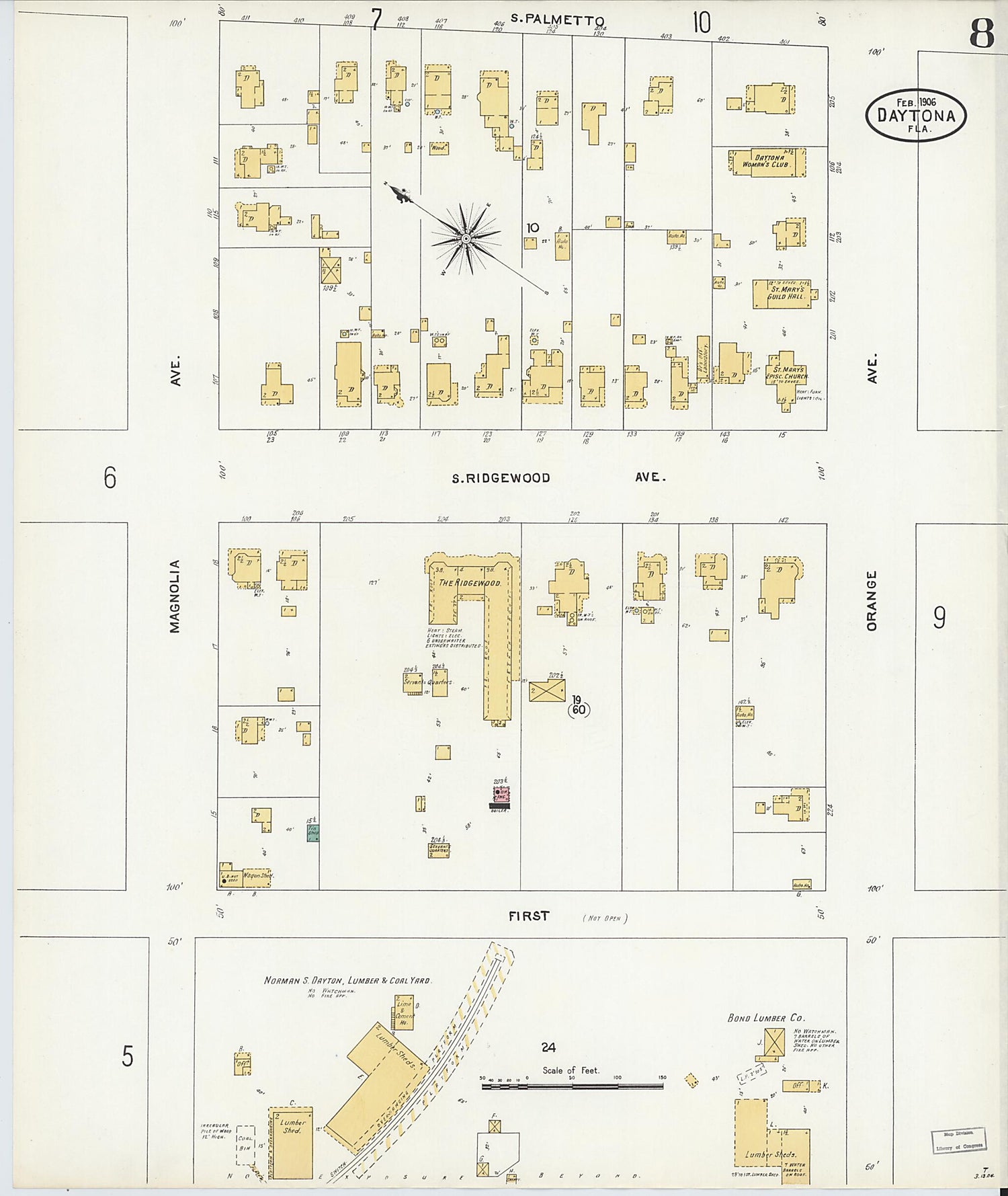 This old map of Daytona, Volusia County, Florida was created by Sanborn Map Company in 1906