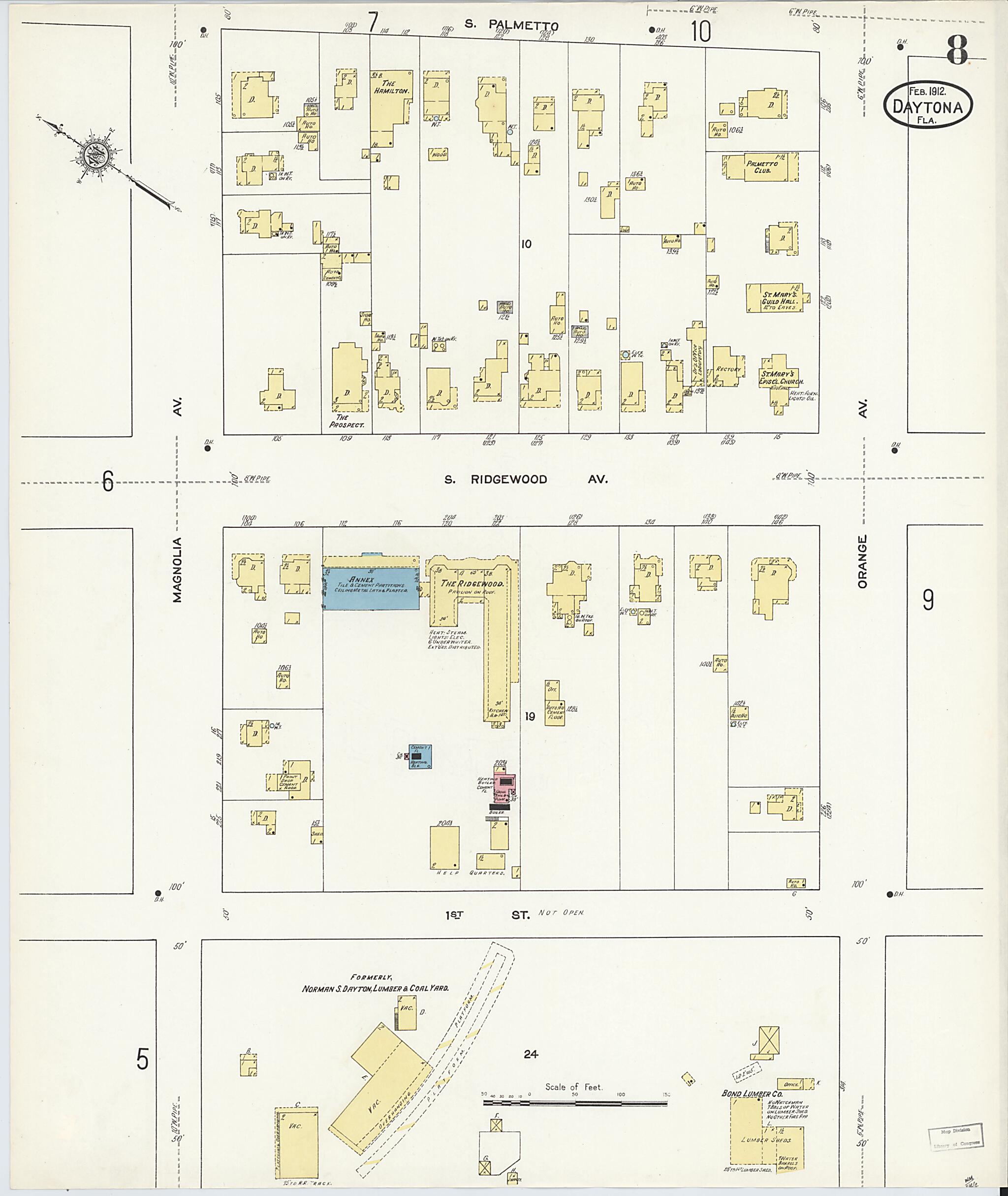 This old map of Daytona, Volusia County, Florida was created by Sanborn Map Company in 1912