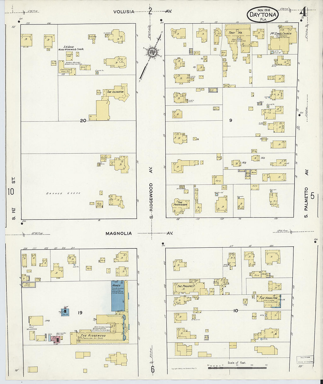 This old map of Daytona, Volusia County, Florida was created by Sanborn Map Company in 1916