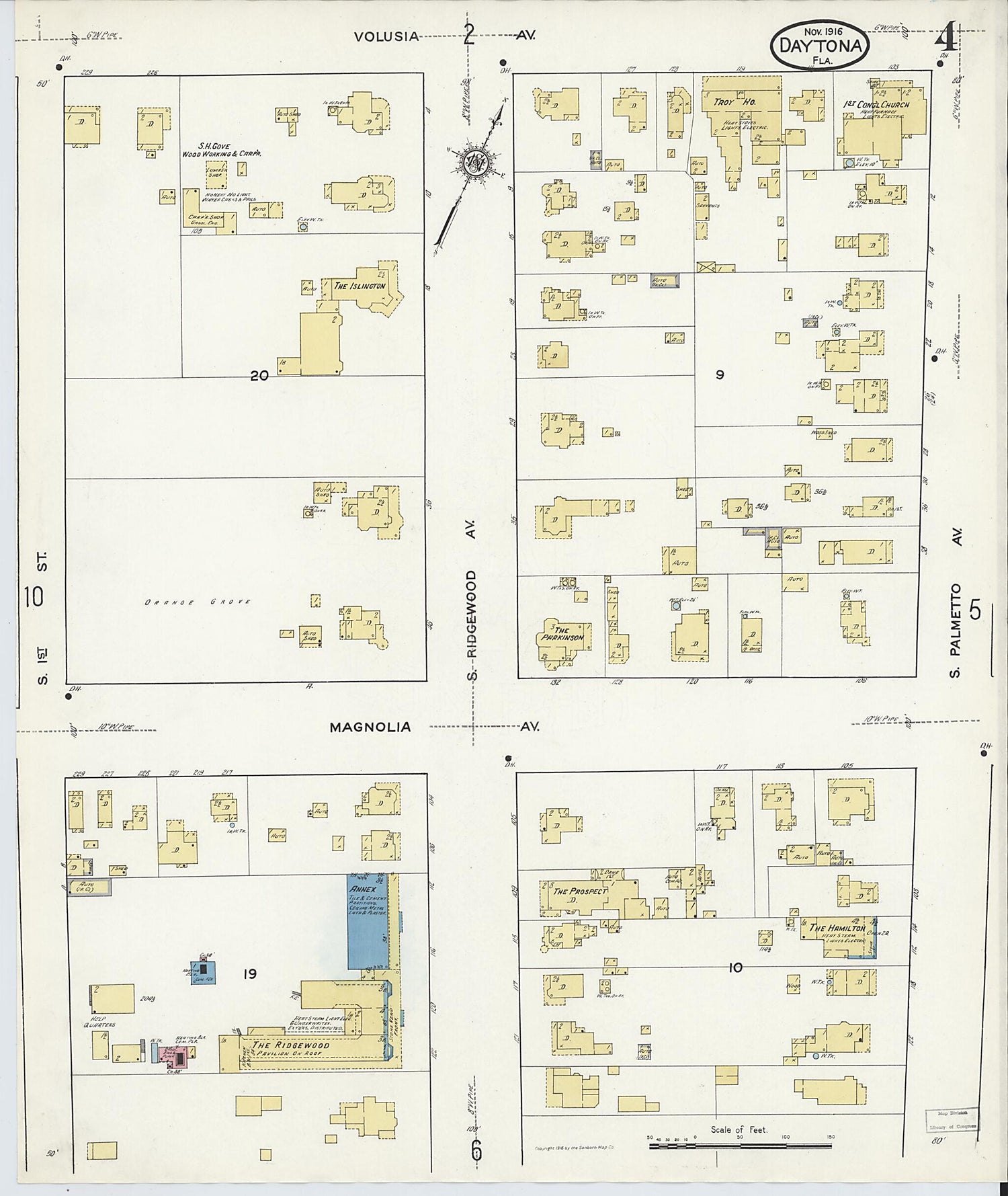 This old map of Daytona, Volusia County, Florida was created by Sanborn Map Company in 1916