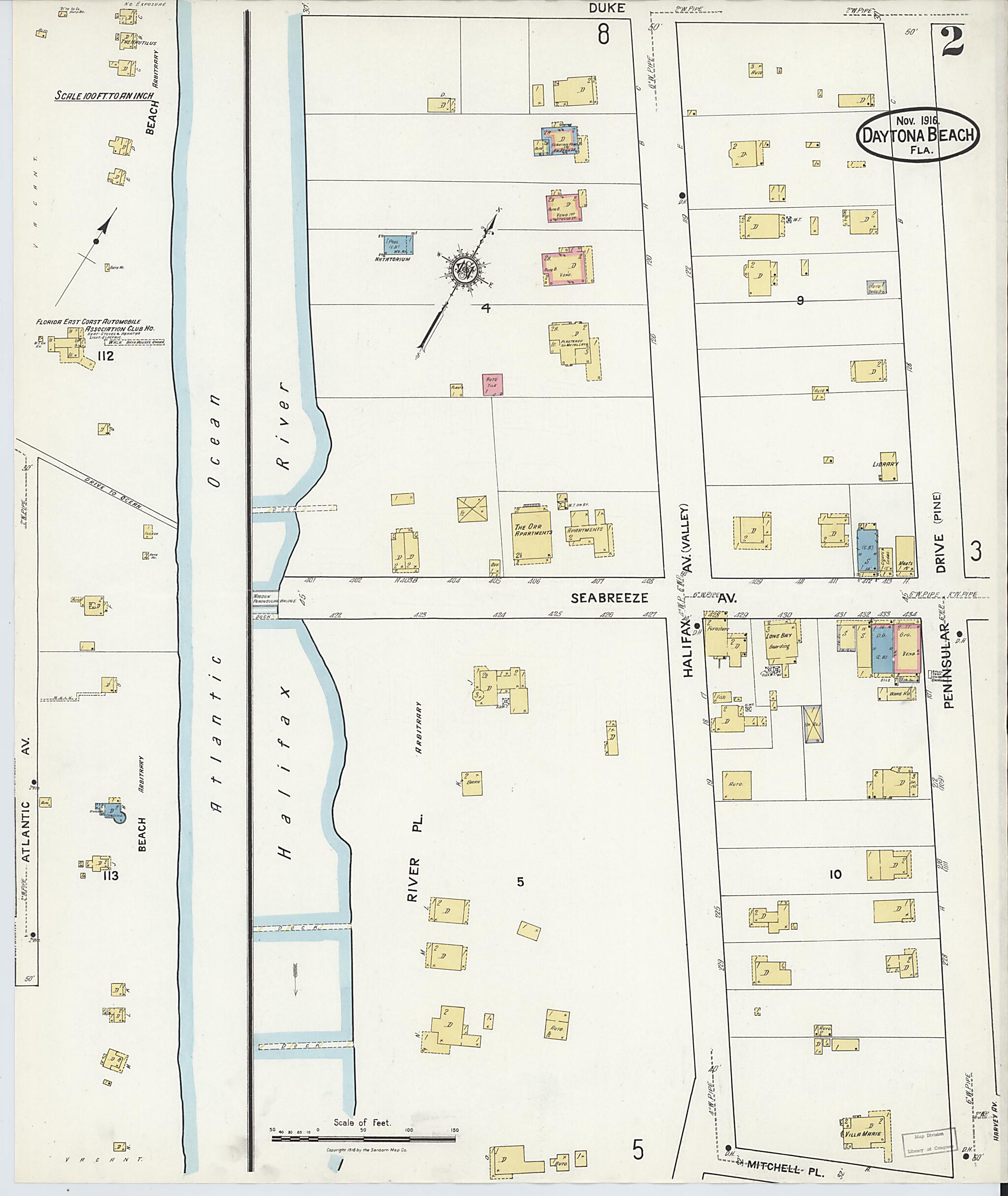 This old map of Seabreeze, Volusia County, Florida was created by Sanborn Map Company in 1916