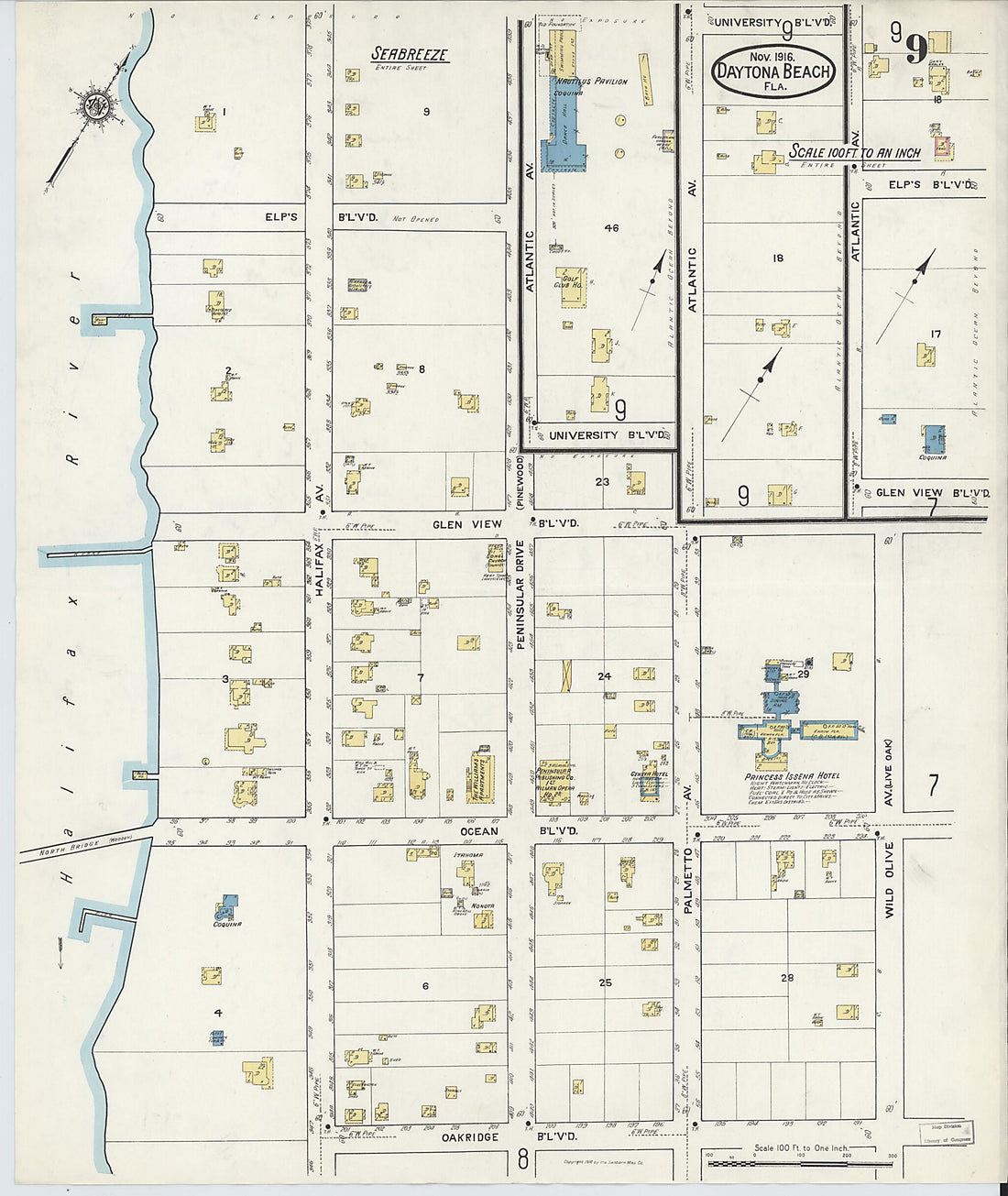 This old map of Seabreeze, Volusia County, Florida was created by Sanborn Map Company in 1916