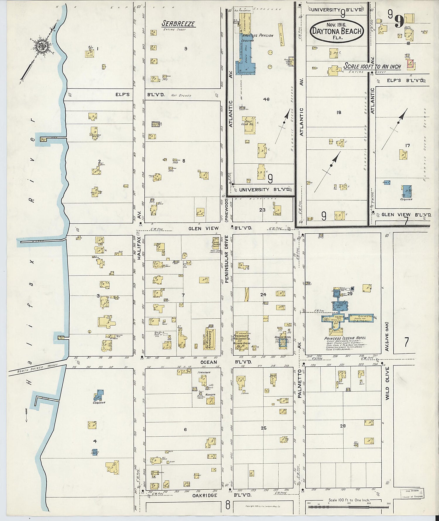 This old map of Seabreeze, Volusia County, Florida was created by Sanborn Map Company in 1916