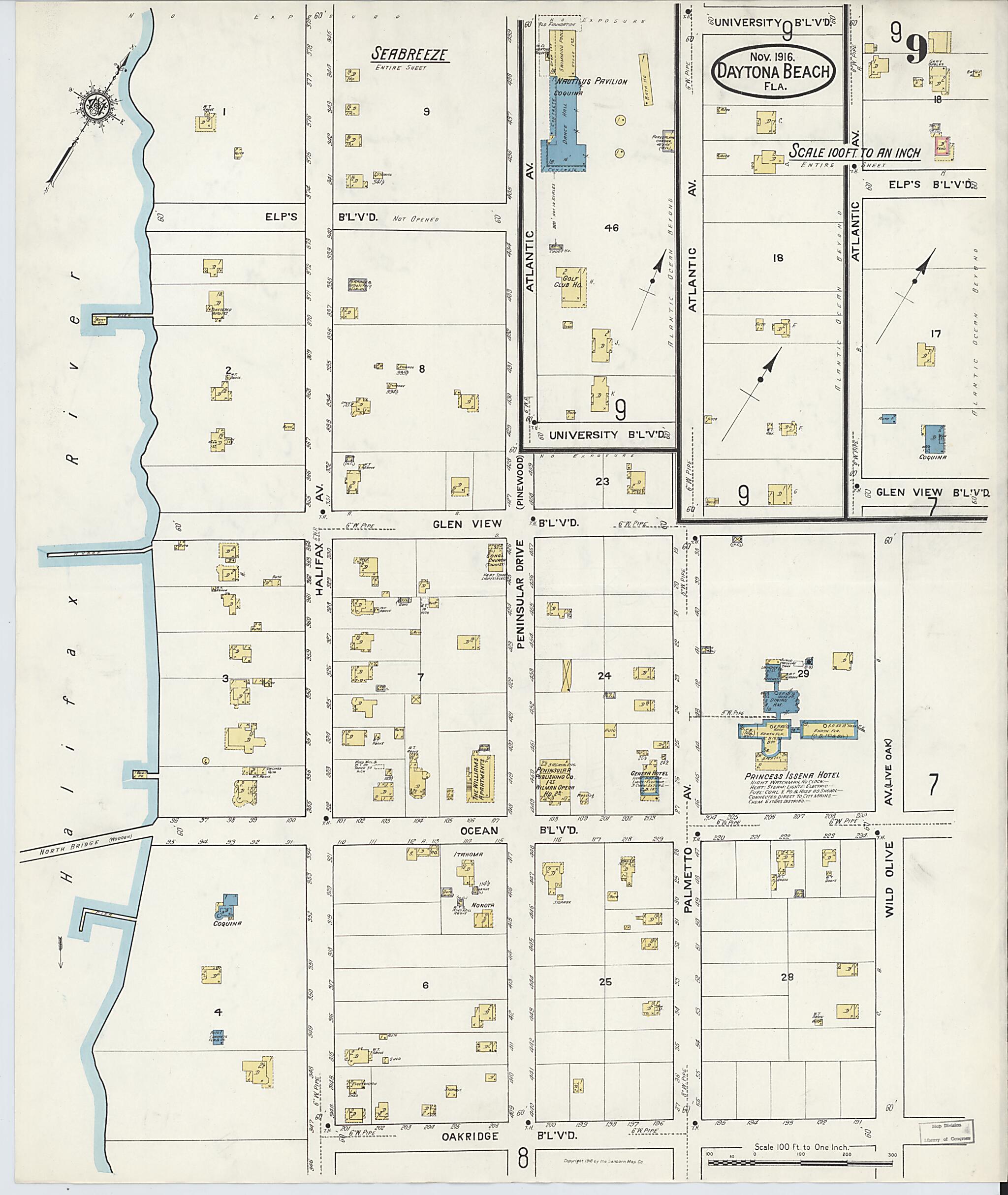 This old map of Seabreeze, Volusia County, Florida was created by Sanborn Map Company in 1916