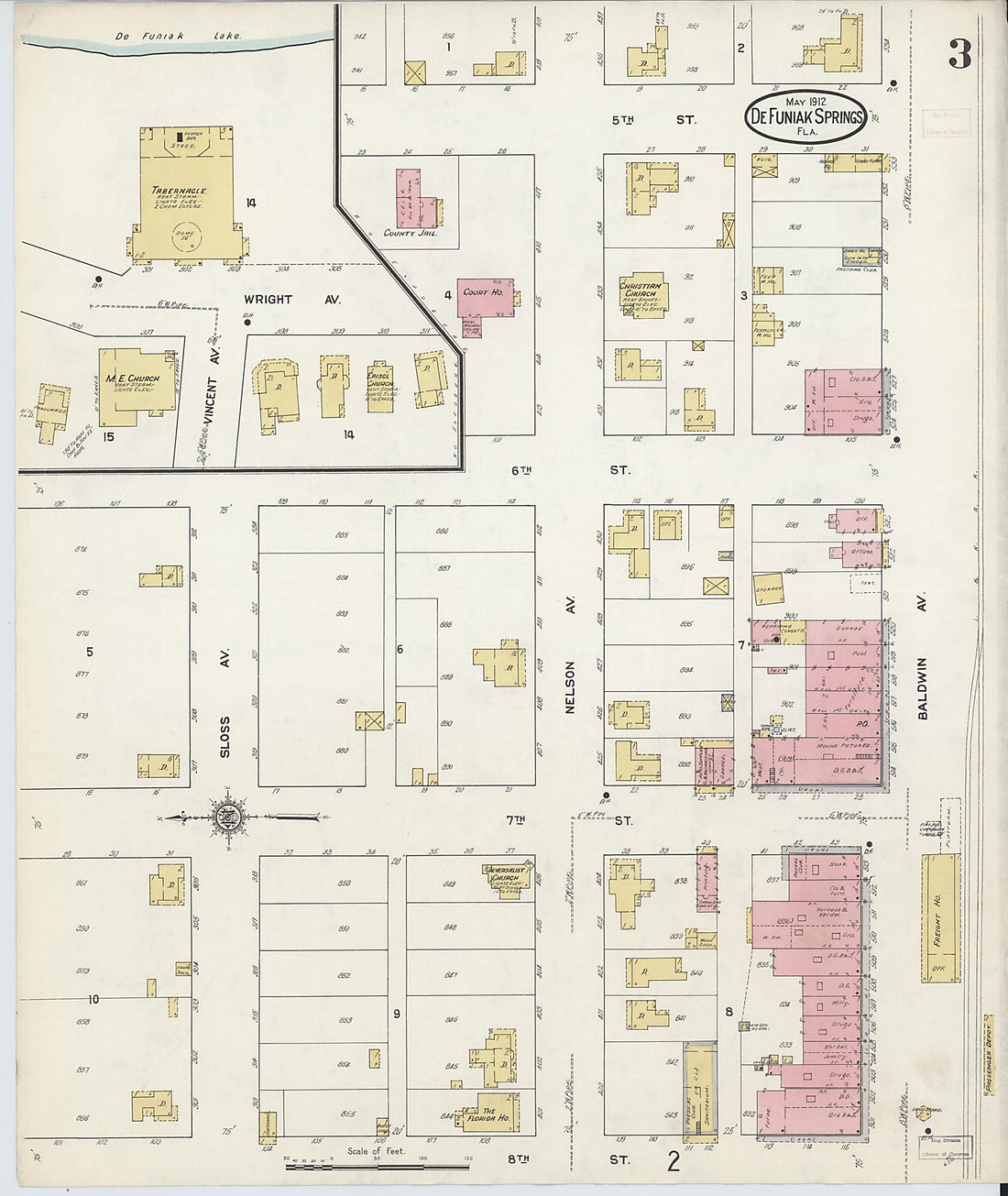 This old map of De Funiak Springs, Walton County, Florida was created by Sanborn Map Company in 1912