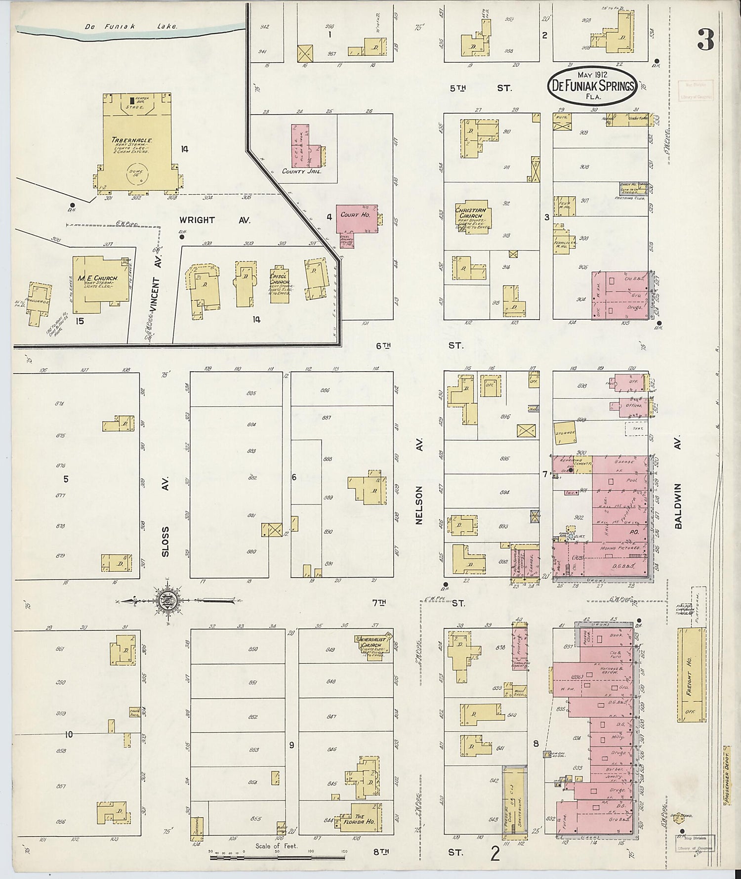 This old map of De Funiak Springs, Walton County, Florida was created by Sanborn Map Company in 1912