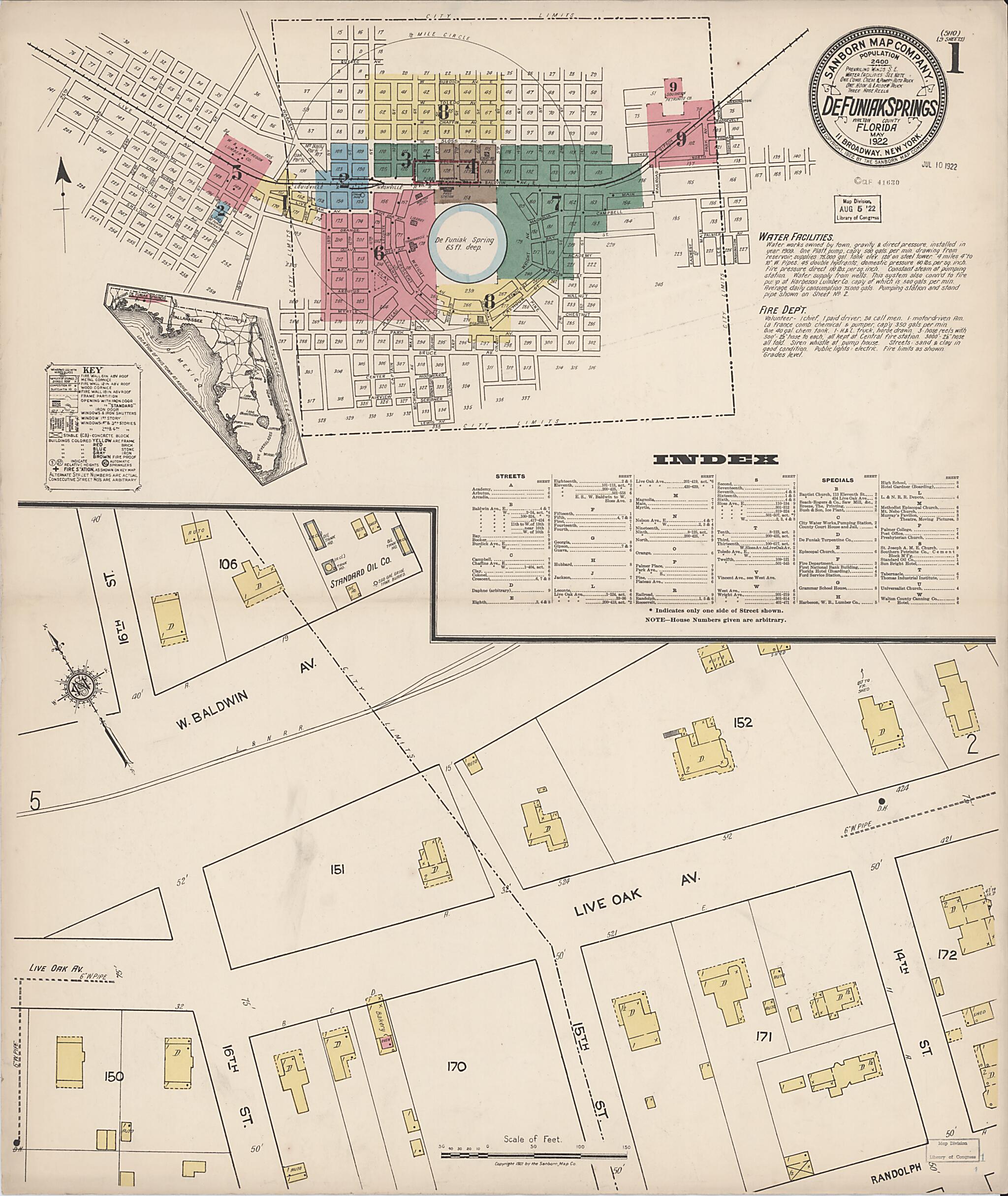 This old map of De Funiak Springs, Walton County, Florida was created by Sanborn Map Company in 1922