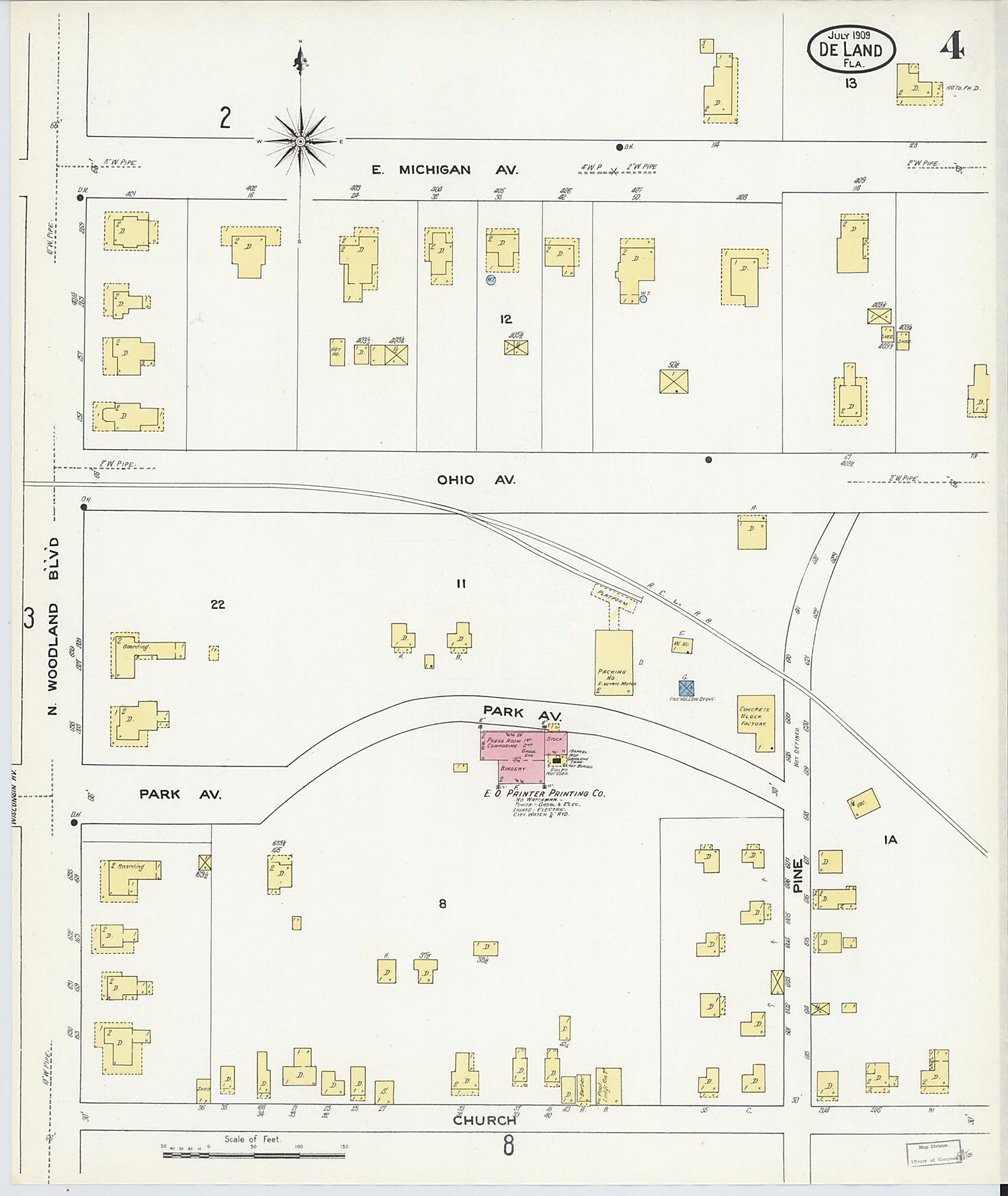 This old map of De Land, Volusia County, Florida was created by Sanborn Map Company in 1909