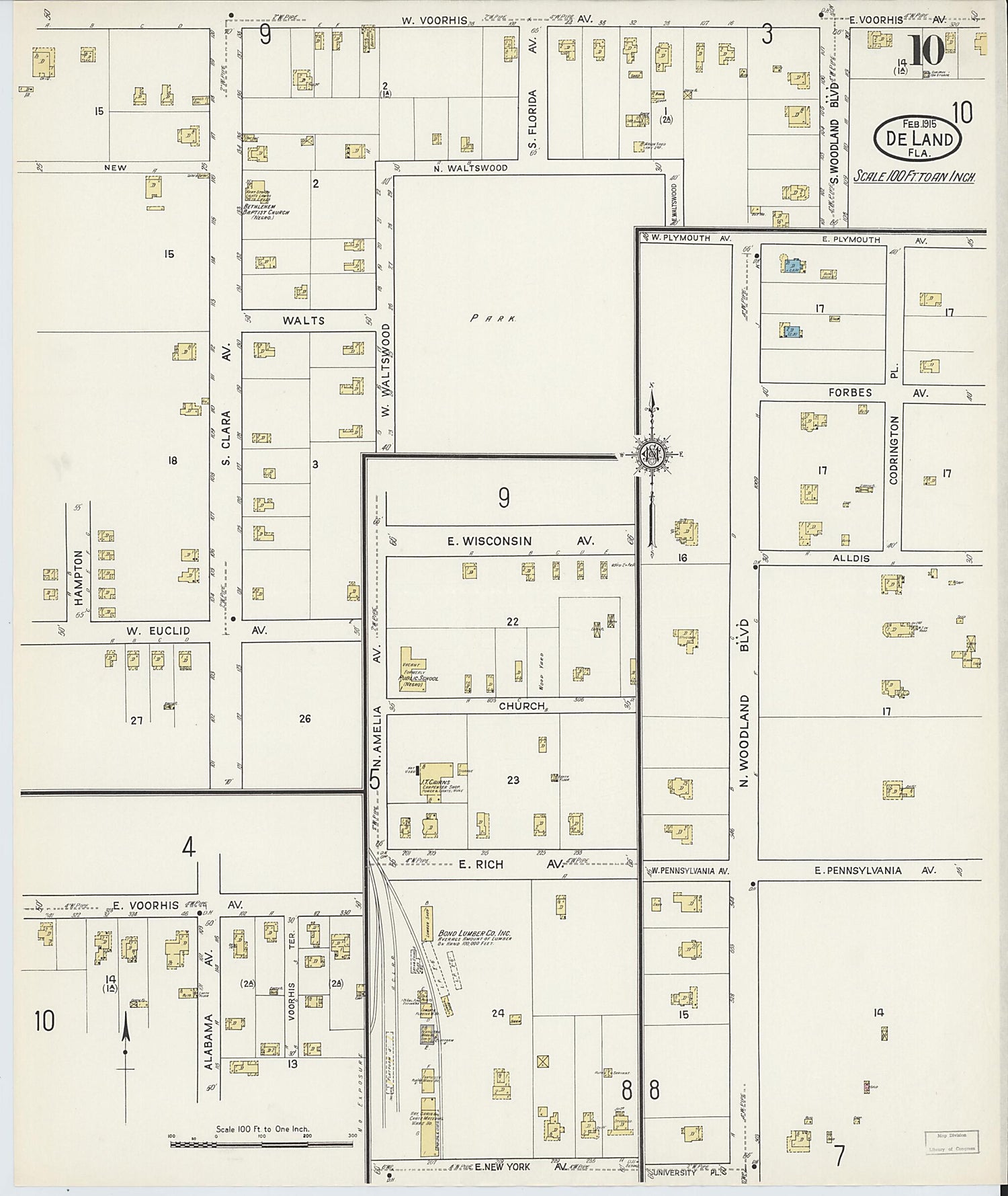 This old map of De Land, Volusia County, Florida was created by Sanborn Map Company in 1915