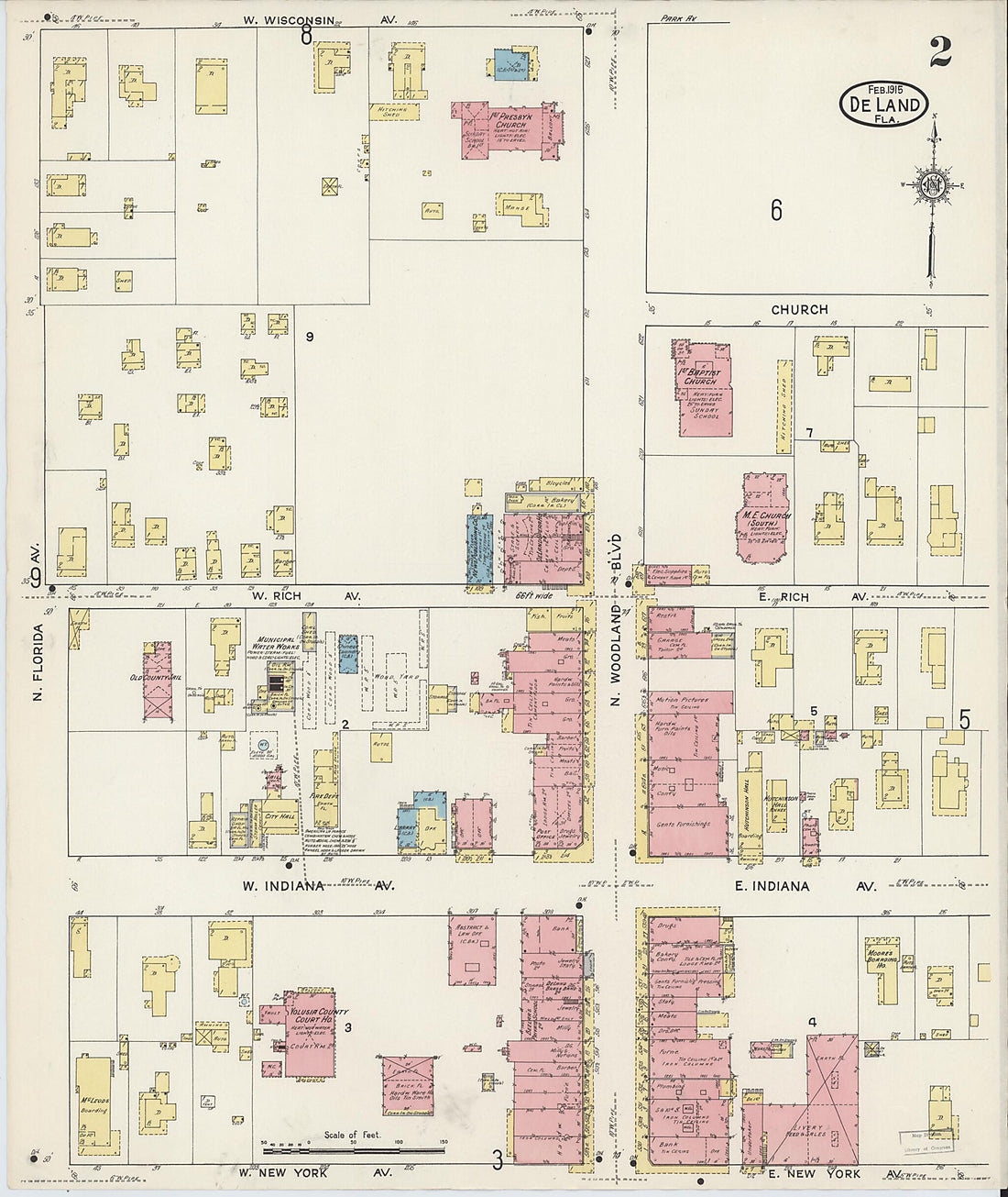 This old map of De Land, Volusia County, Florida was created by Sanborn Map Company in 1915