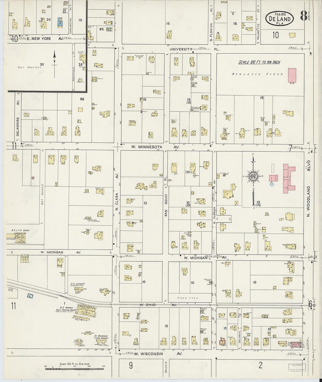 This old map of De Land, Volusia County, Florida was created by Sanborn Map Company in 1915