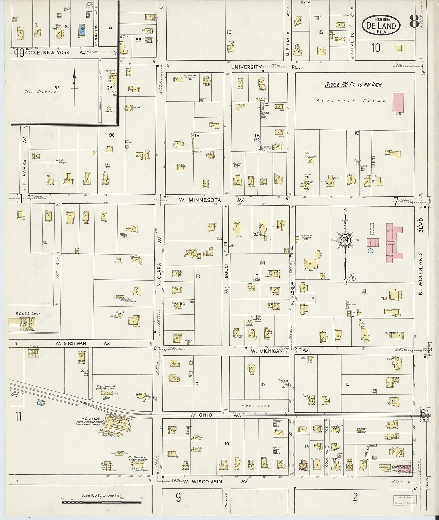 This old map of De Land, Volusia County, Florida was created by Sanborn Map Company in 1915