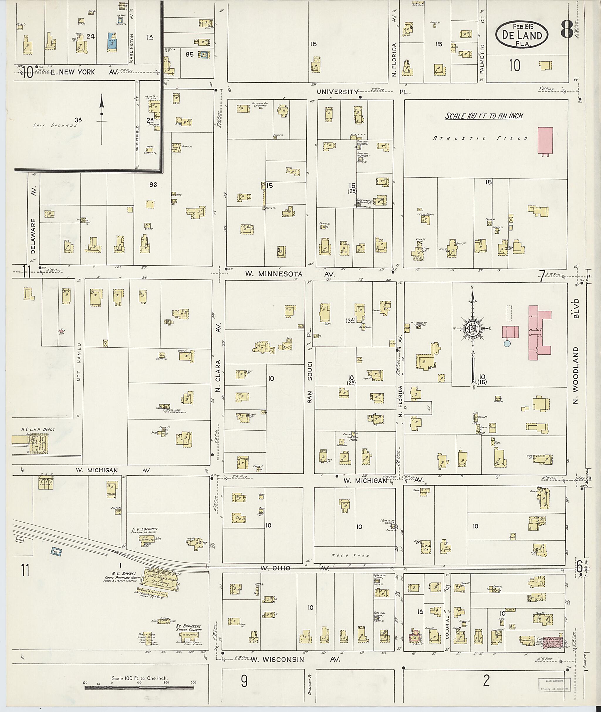 This old map of De Land, Volusia County, Florida was created by Sanborn Map Company in 1915
