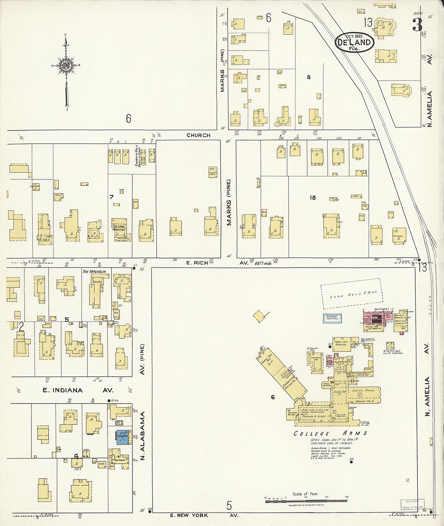 This old map of De Land, Volusia County, Florida was created by Sanborn Map Company in 1921