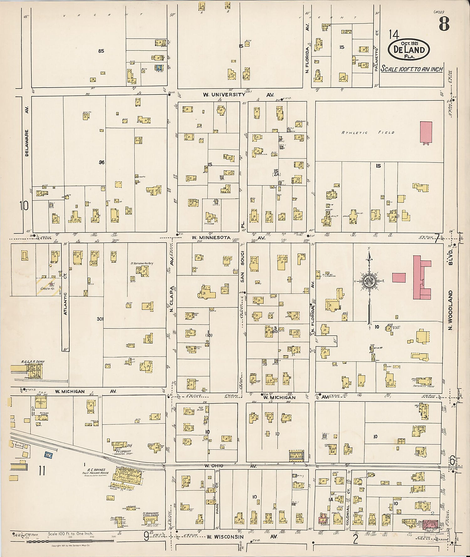 This old map of De Land, Volusia County, Florida was created by Sanborn Map Company in 1921