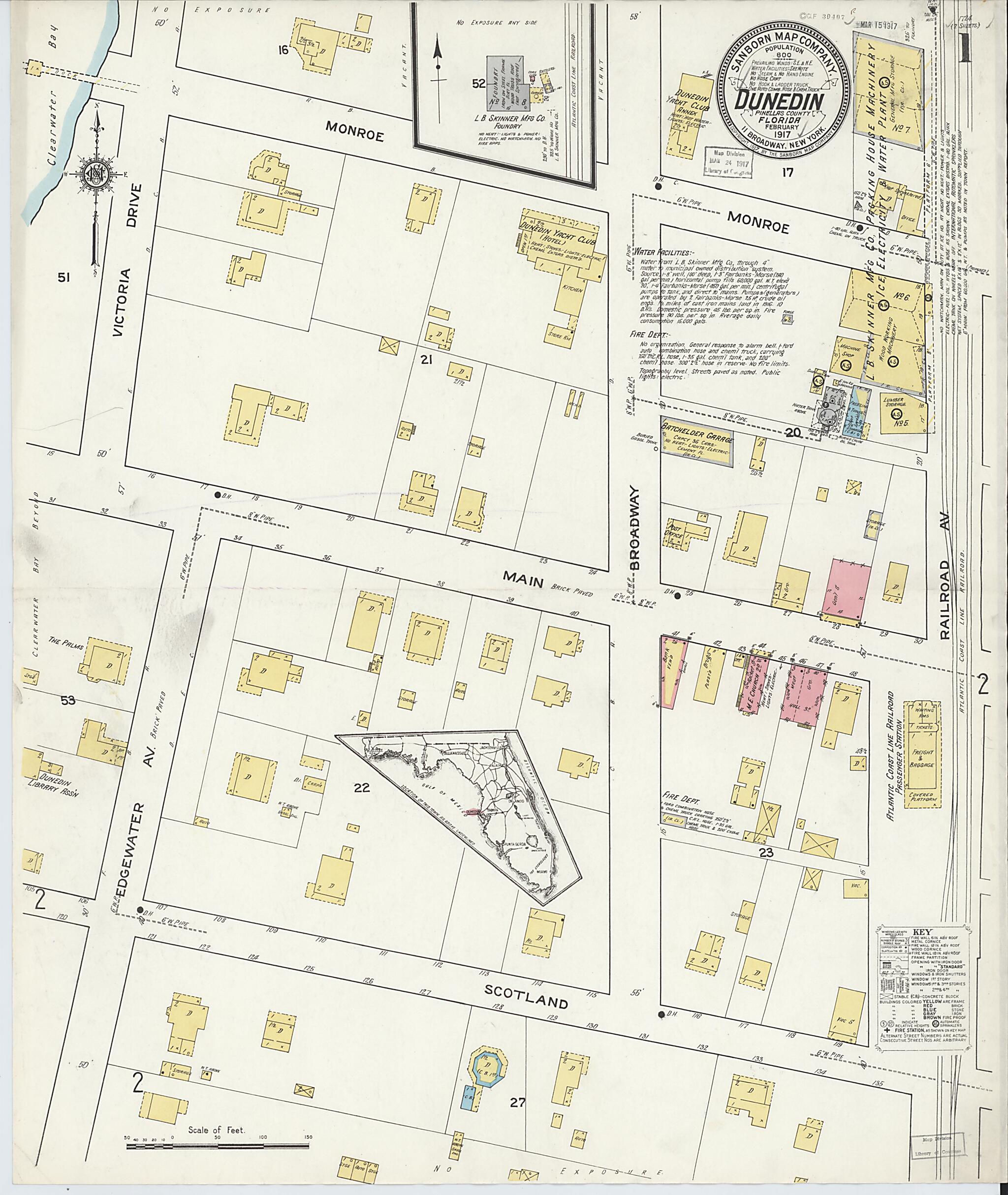 This old map of Dunedin, Pinellas County, Florida was created by Sanborn Map Company in 1917
