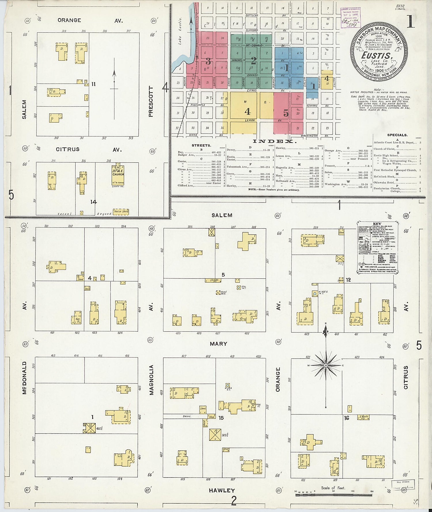 This old map of Eustis, Lake County, Florida was created by Sanborn Map Company in 1906