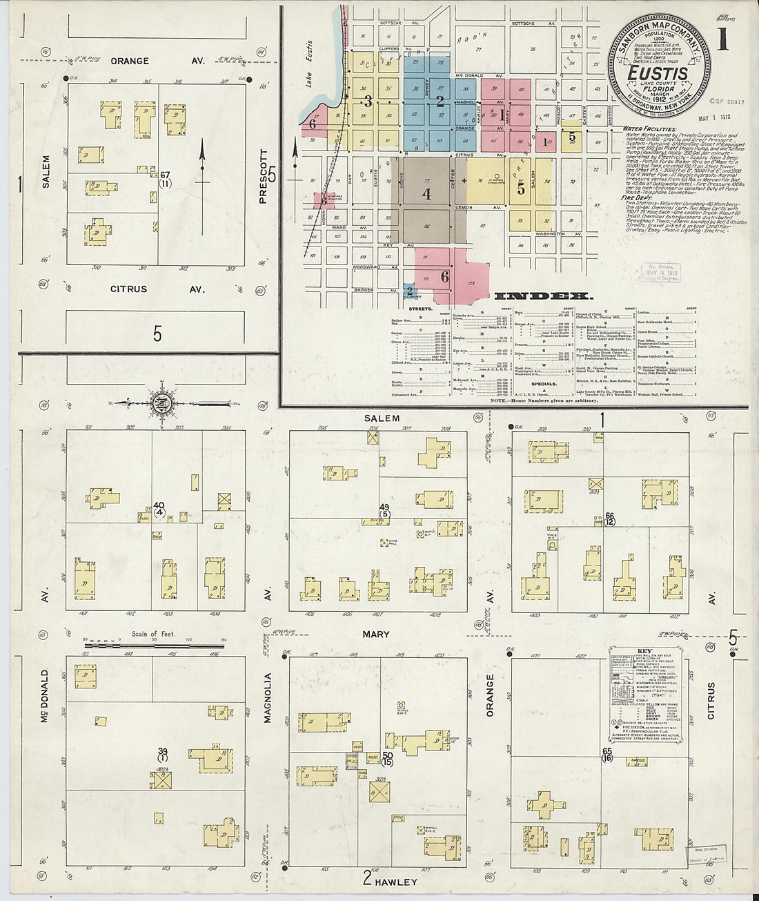 This old map of Eustis, Lake County, Florida was created by Sanborn Map Company in 1912