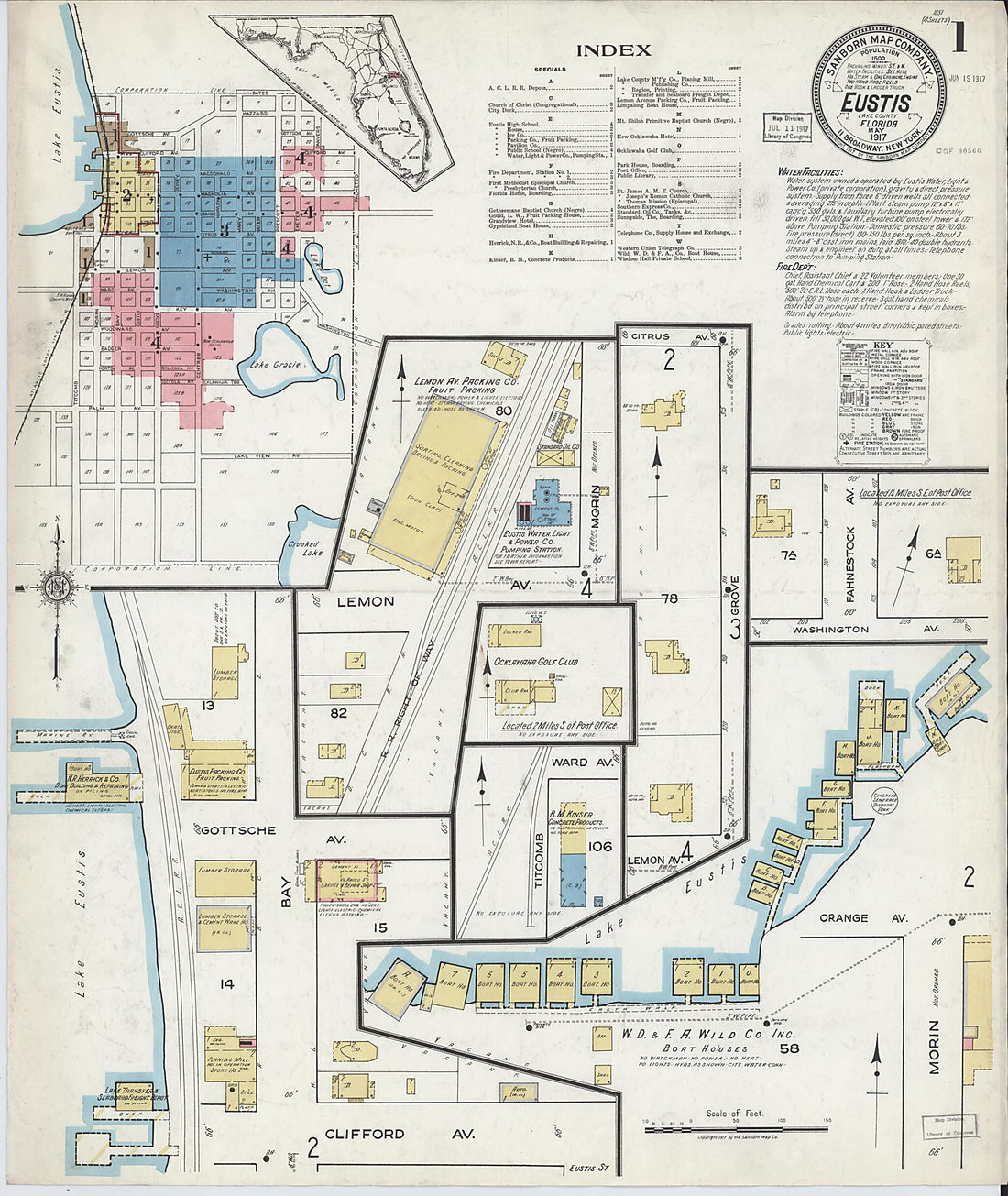 This old map of Eustis, Lake County, Florida was created by Sanborn Map Company in 1917