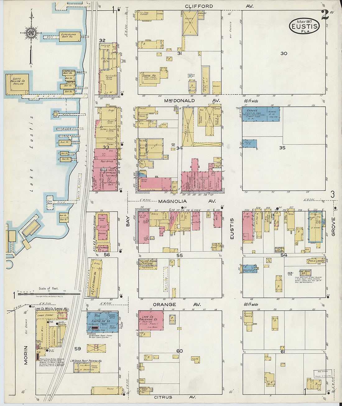 This old map of Eustis, Lake County, Florida was created by Sanborn Map Company in 1917