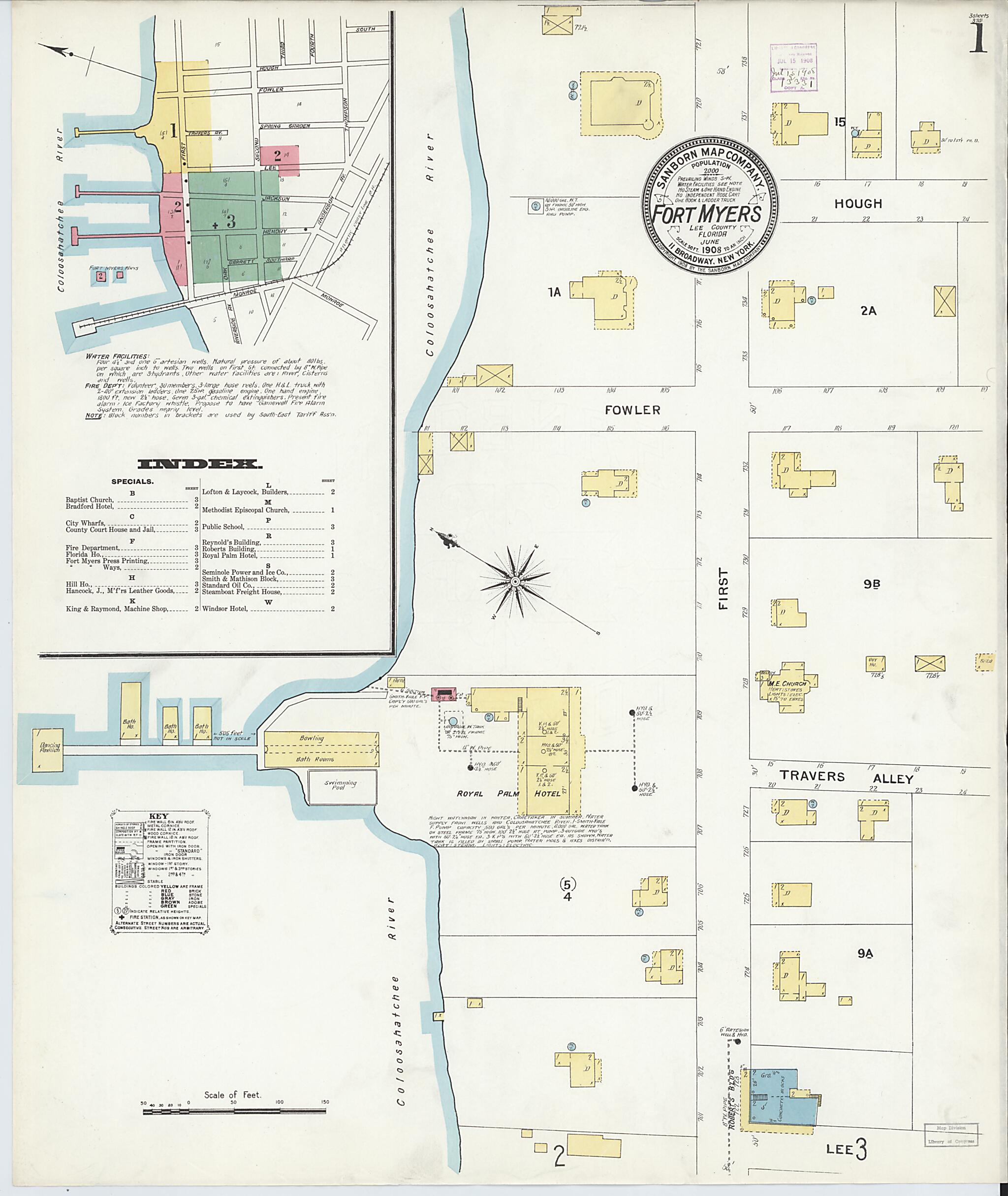 This old map of Fort Myers, Lee County, Florida was created by Sanborn Map Company in 1908