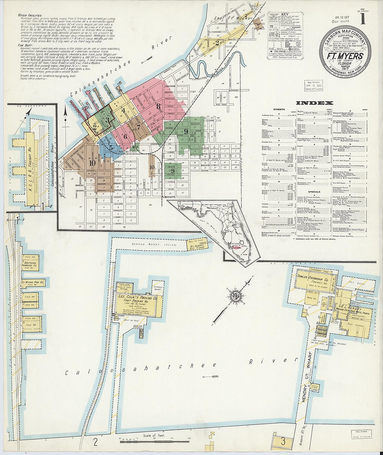 This old map of Fort Myers, Lee County, Florida was created by Sanborn Map Company in 1917