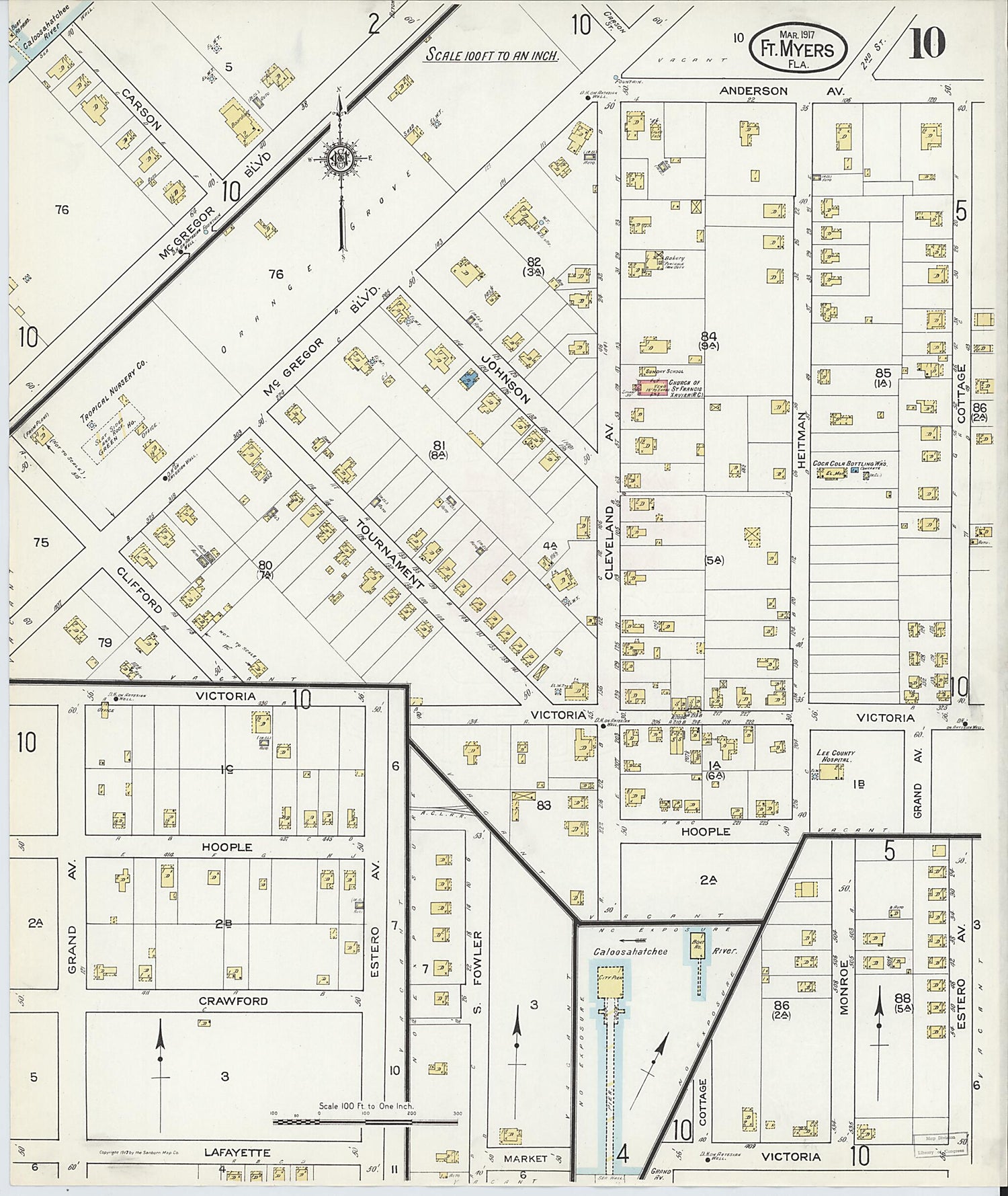 This old map of Fort Myers, Lee County, Florida was created by Sanborn Map Company in 1917