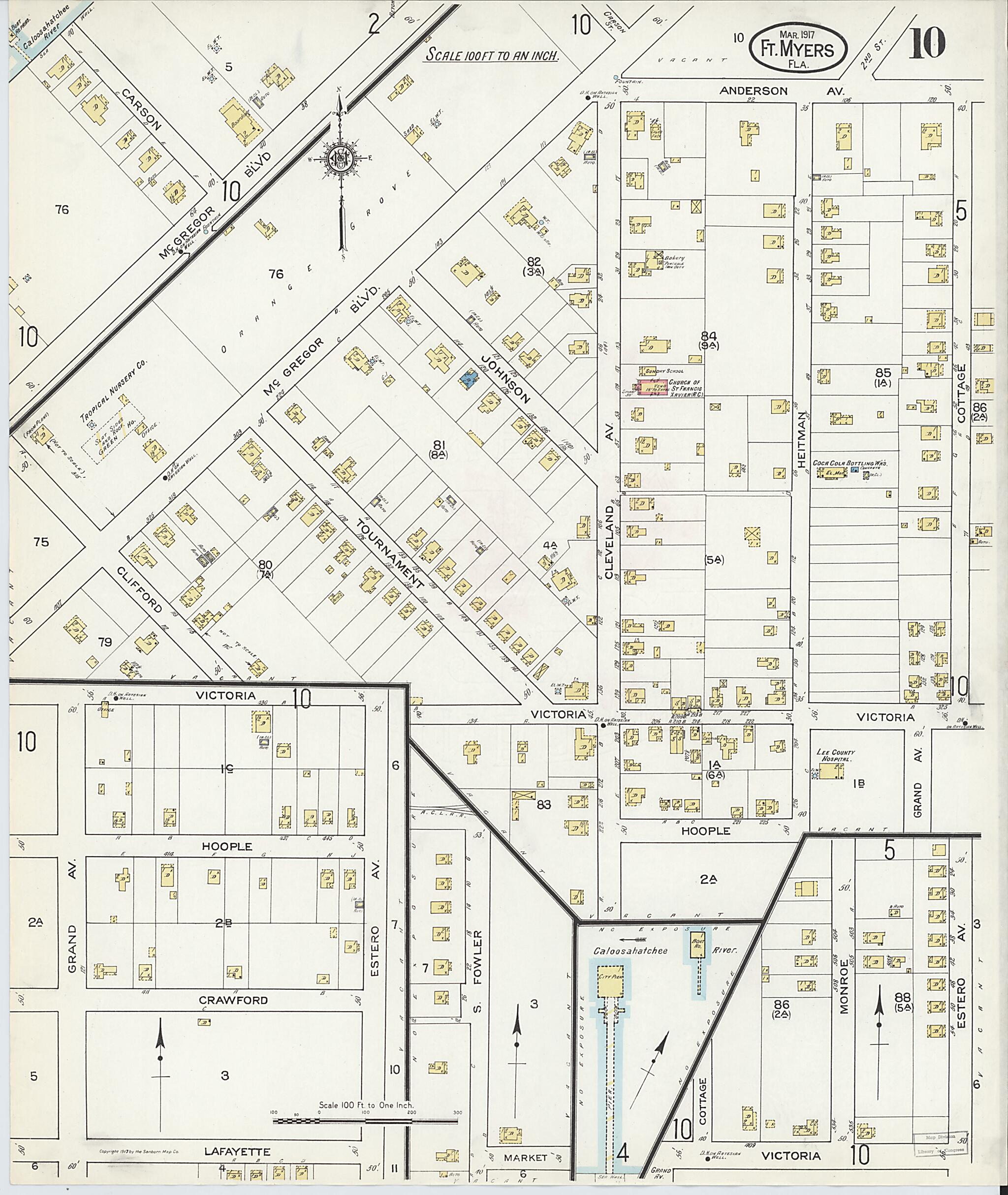 This old map of Fort Myers, Lee County, Florida was created by Sanborn Map Company in 1917