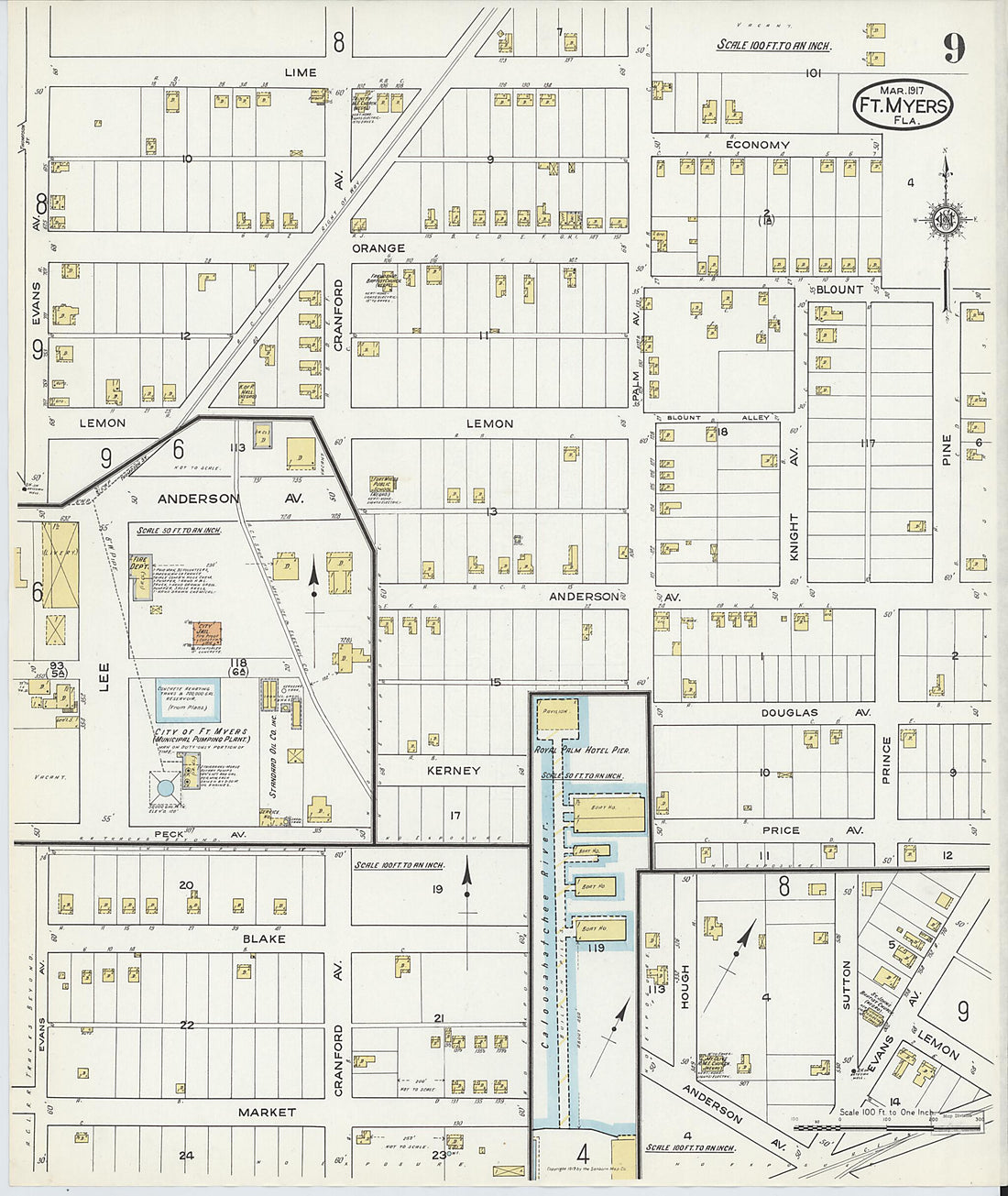 This old map of Fort Myers, Lee County, Florida was created by Sanborn Map Company in 1917