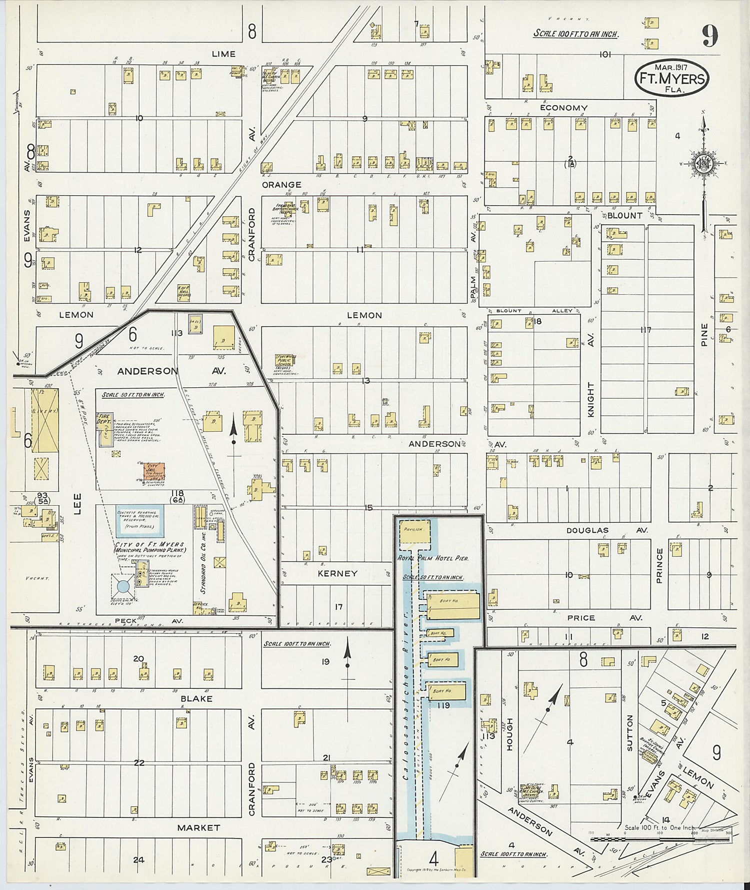 This old map of Fort Myers, Lee County, Florida was created by Sanborn Map Company in 1917