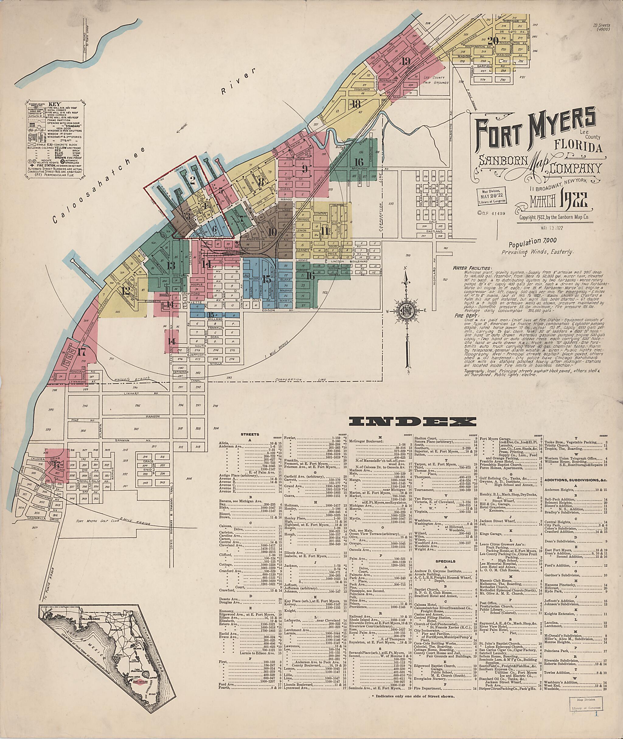 This old map of Fort Myers, Lee County, Florida was created by Sanborn Map Company in 1922