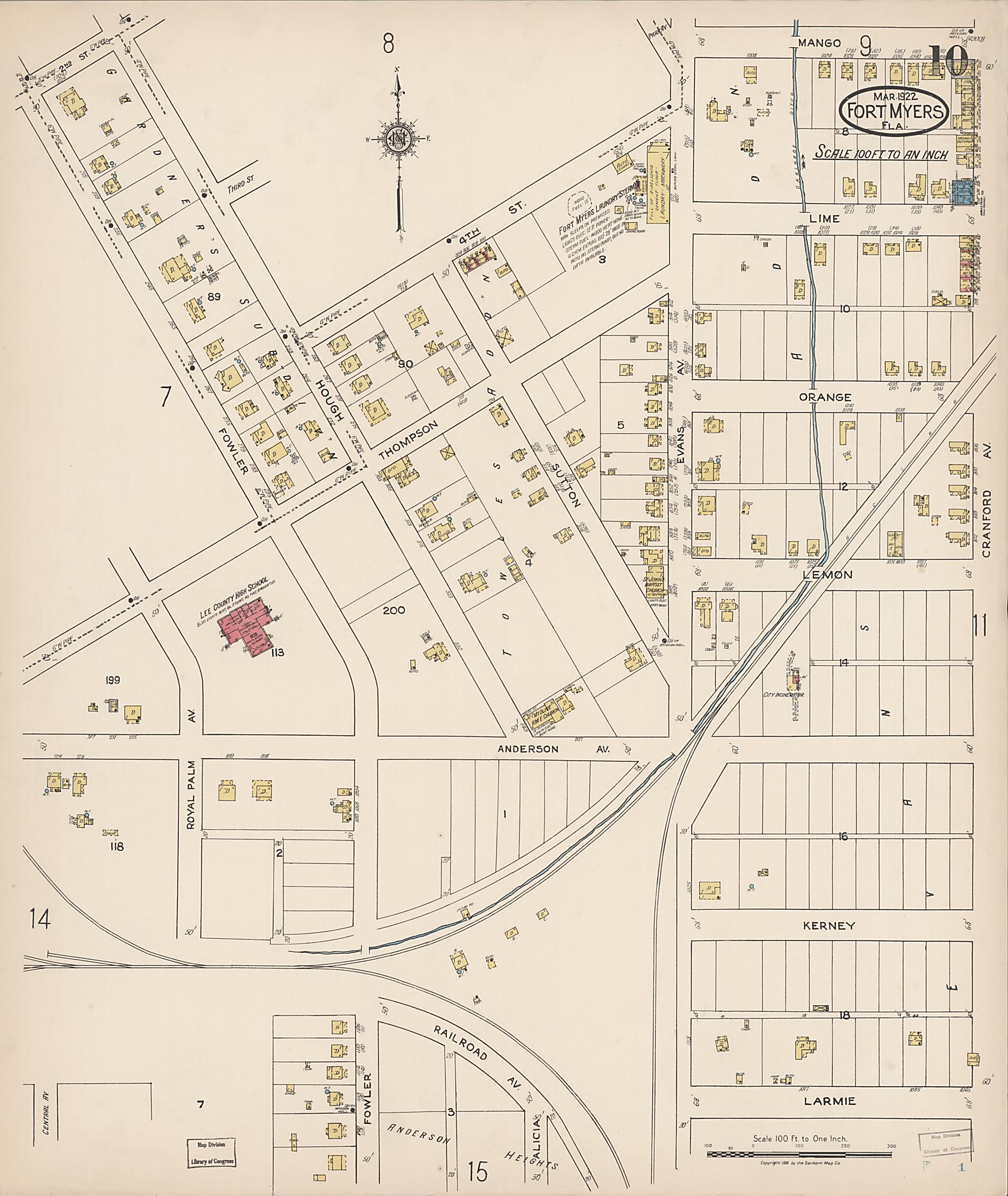 This old map of Fort Myers, Lee County, Florida was created by Sanborn Map Company in 1922