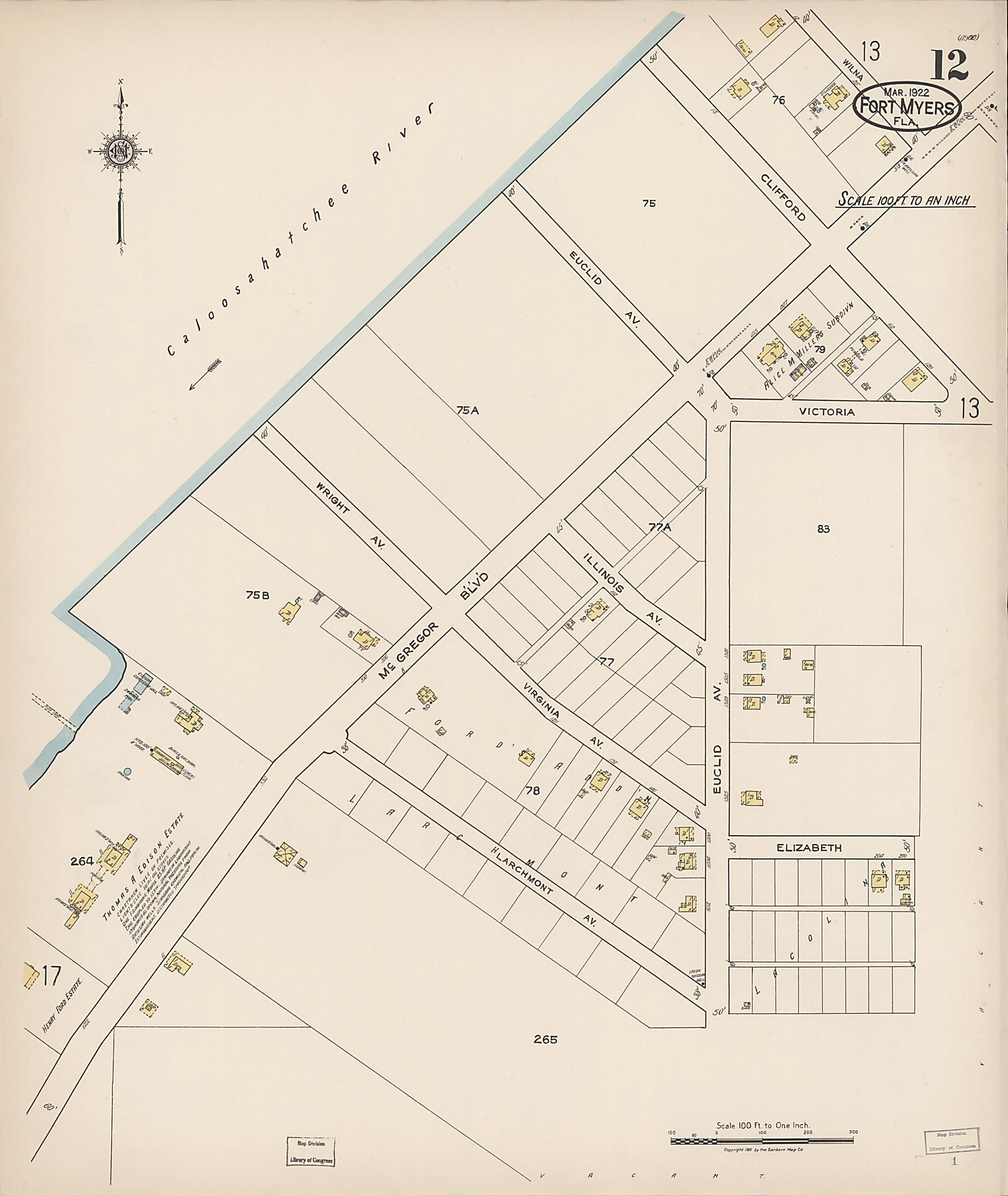 This old map of Fort Myers, Lee County, Florida was created by Sanborn Map Company in 1922