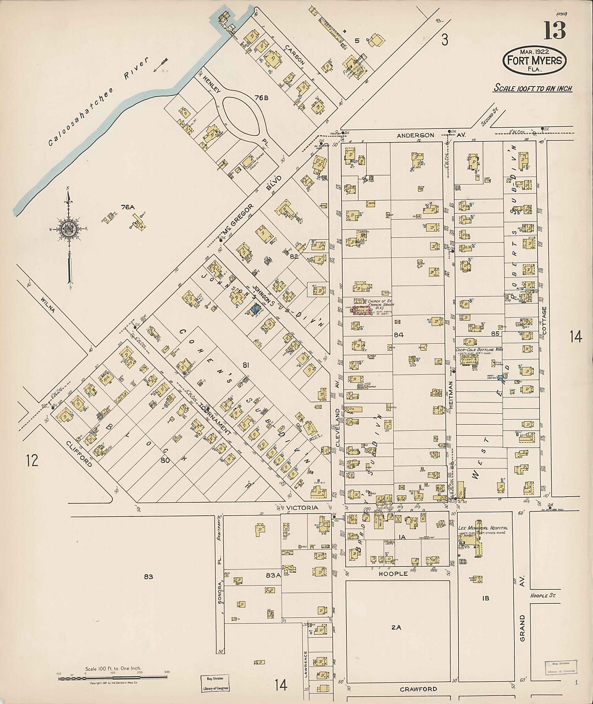 This old map of Fort Myers, Lee County, Florida was created by Sanborn Map Company in 1922