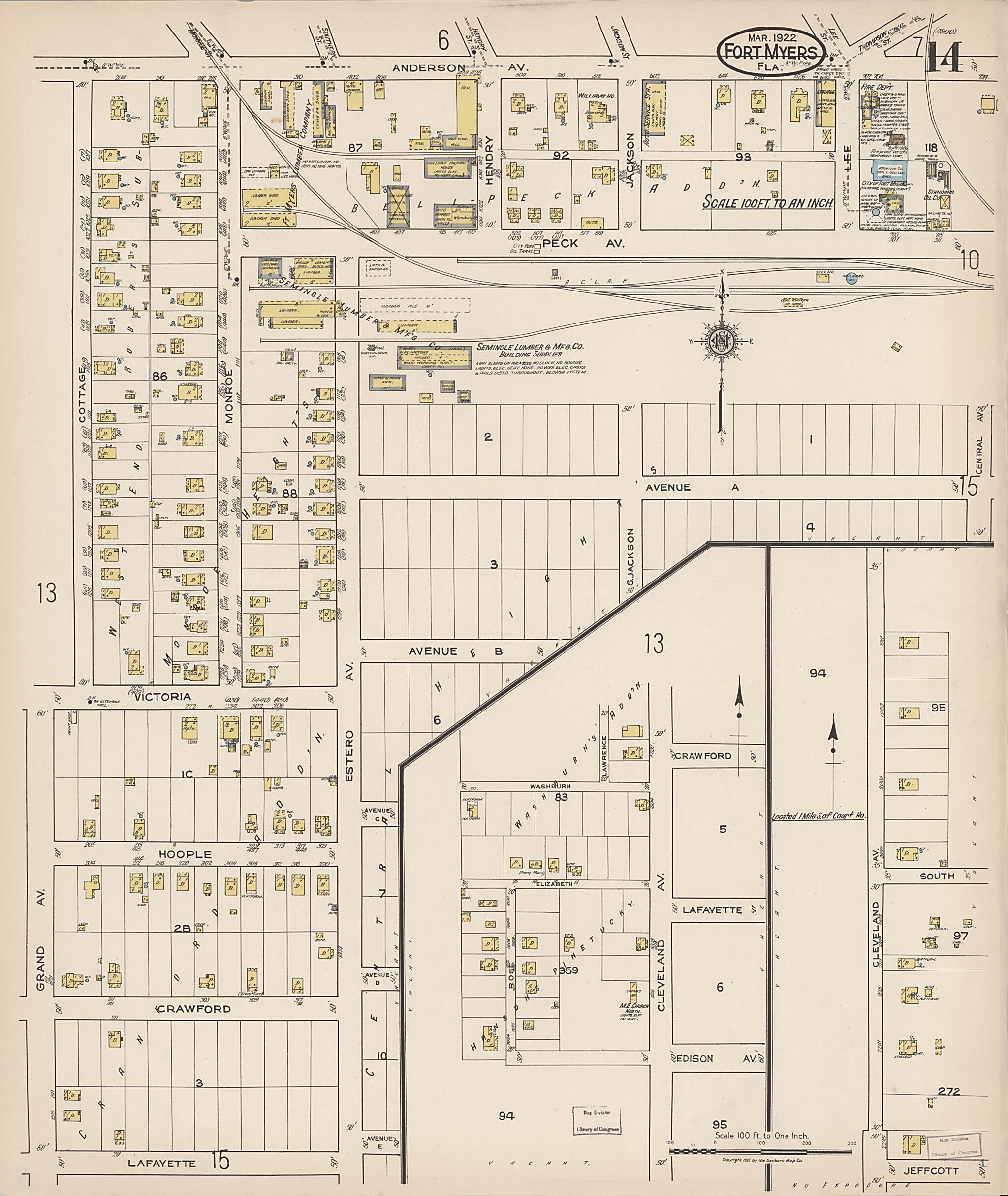 This old map of Fort Myers, Lee County, Florida was created by Sanborn Map Company in 1922