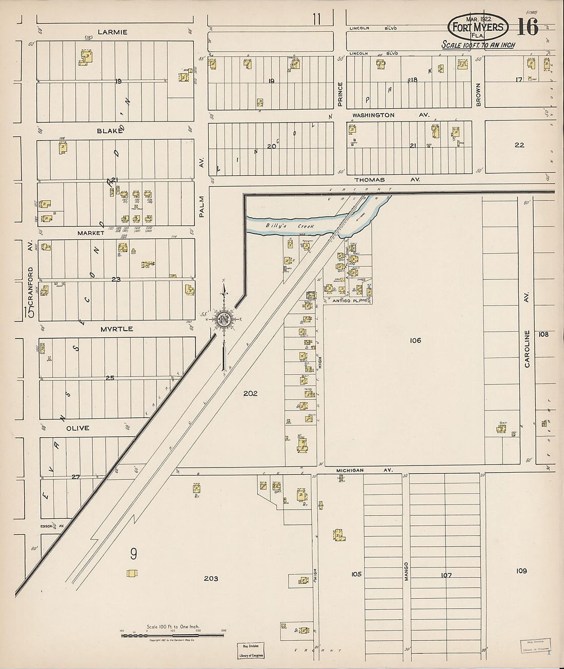 This old map of Fort Myers, Lee County, Florida was created by Sanborn Map Company in 1922