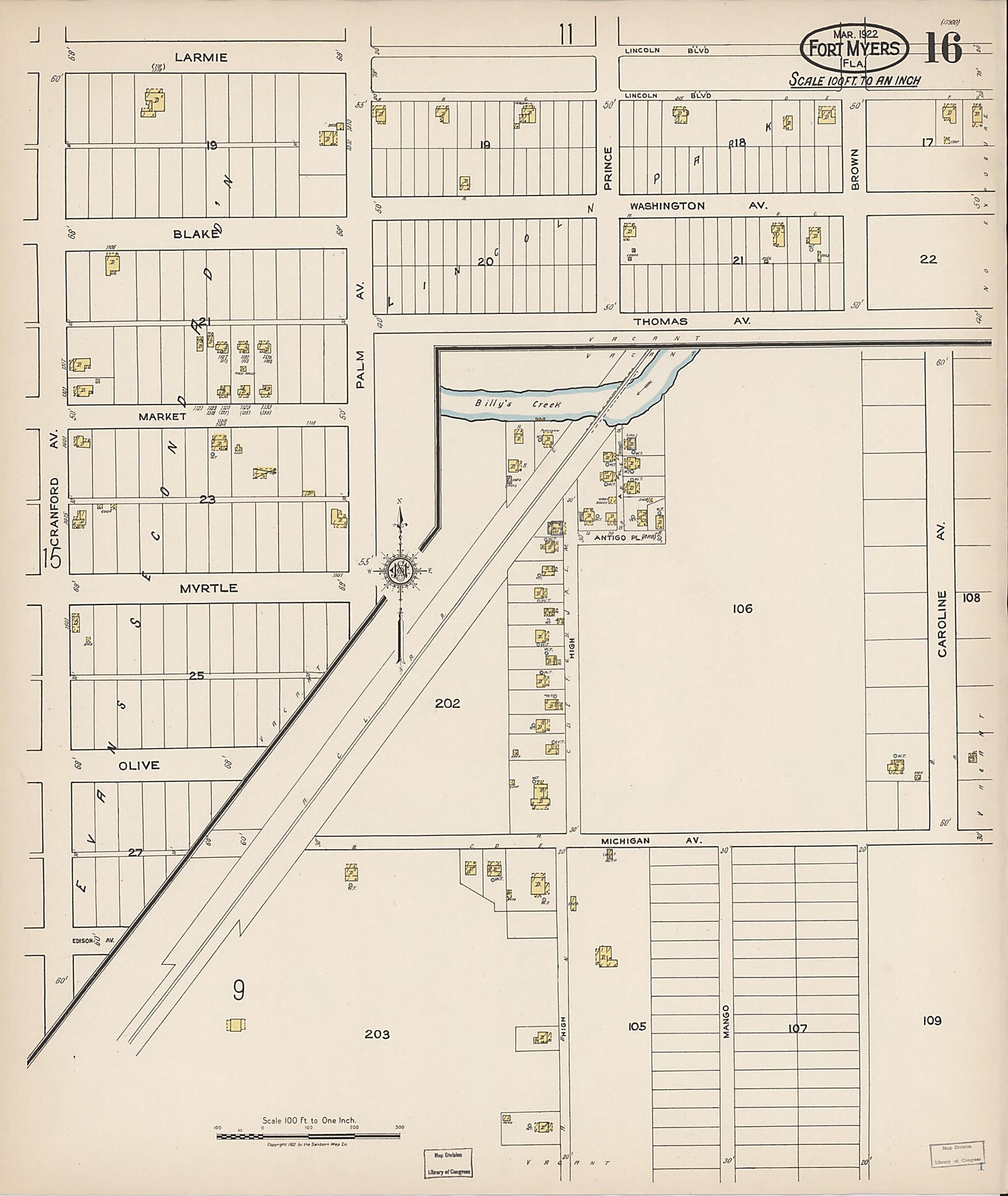 This old map of Fort Myers, Lee County, Florida was created by Sanborn Map Company in 1922