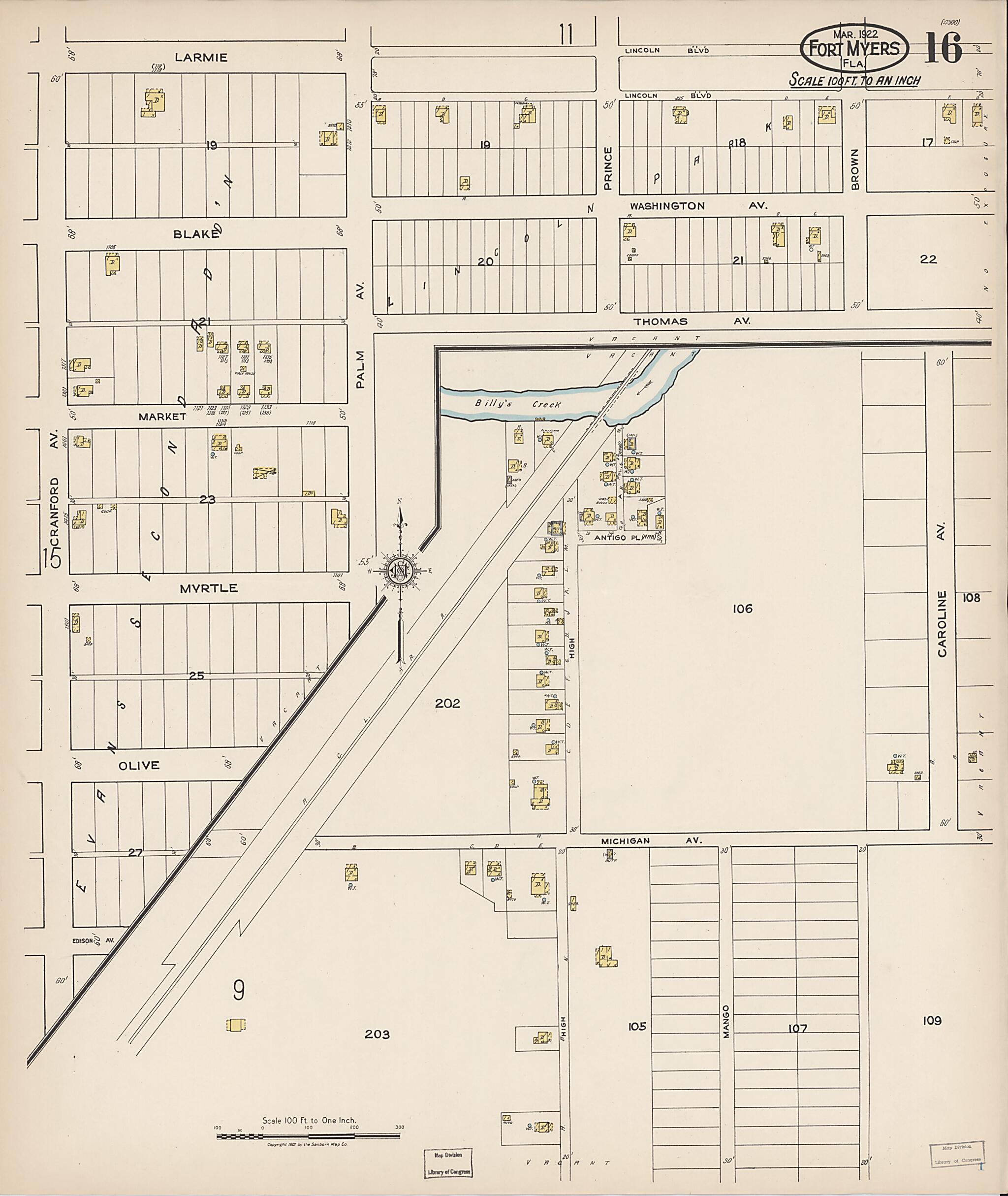 This old map of Fort Myers, Lee County, Florida was created by Sanborn Map Company in 1922