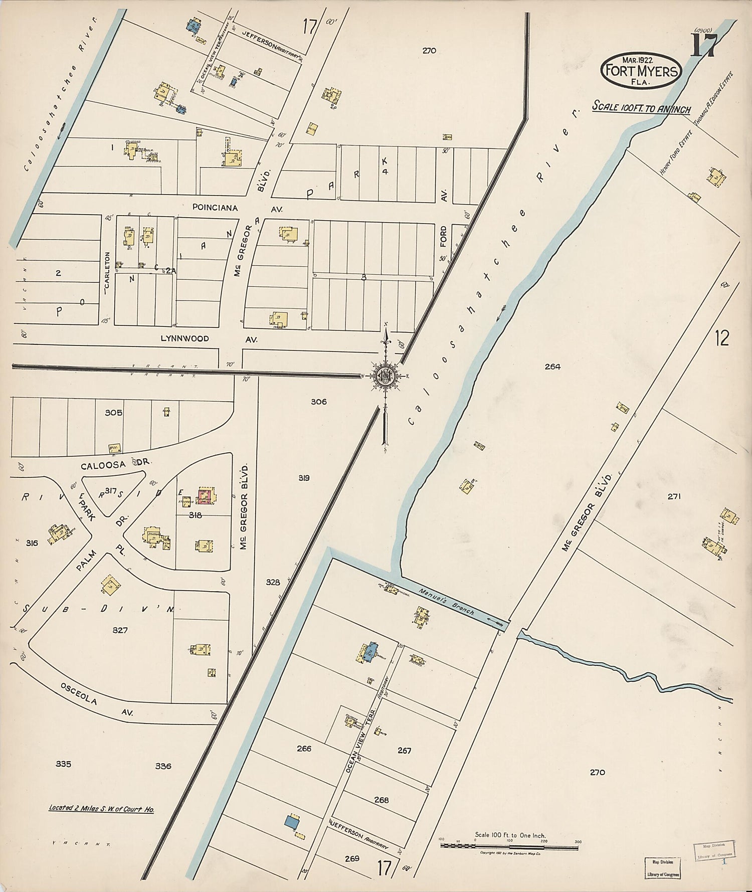 This old map of Fort Myers, Lee County, Florida was created by Sanborn Map Company in 1922